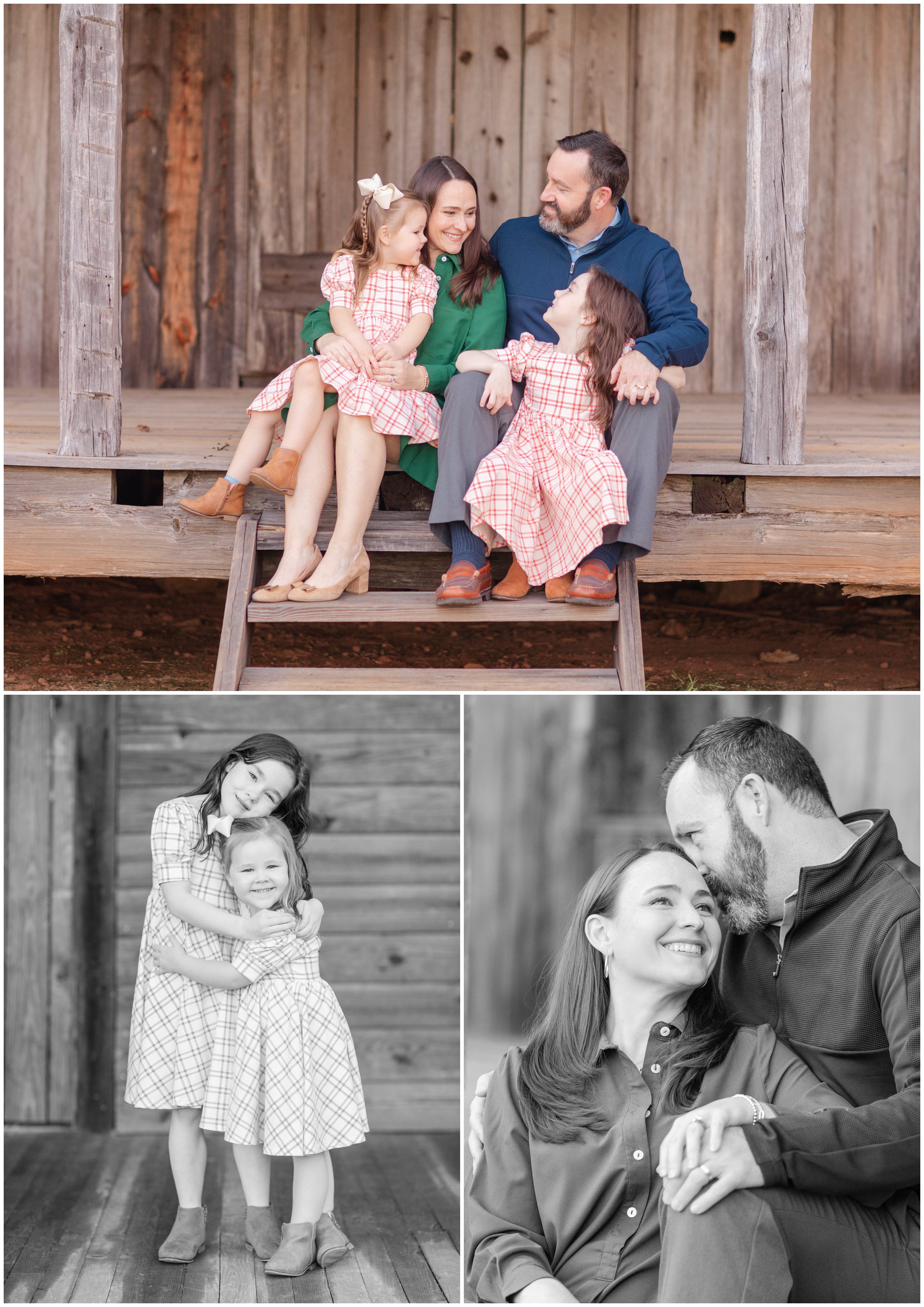 Family of four seated on a rustic porch during a fall family portrait session in Oconee County Georgia