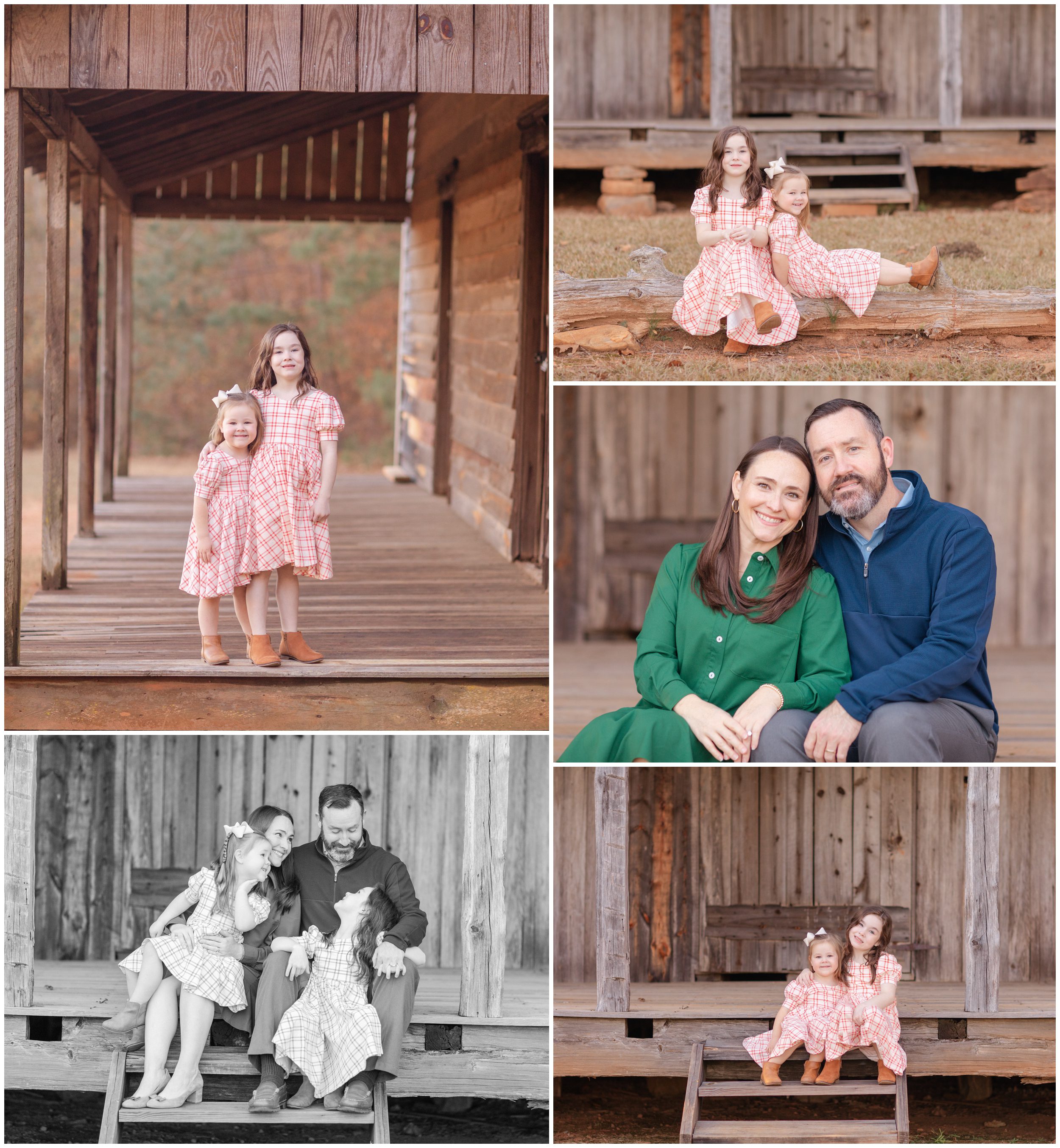Sisters and parents photographed around a rustic cabin during fall family portraits in Oconee County GA