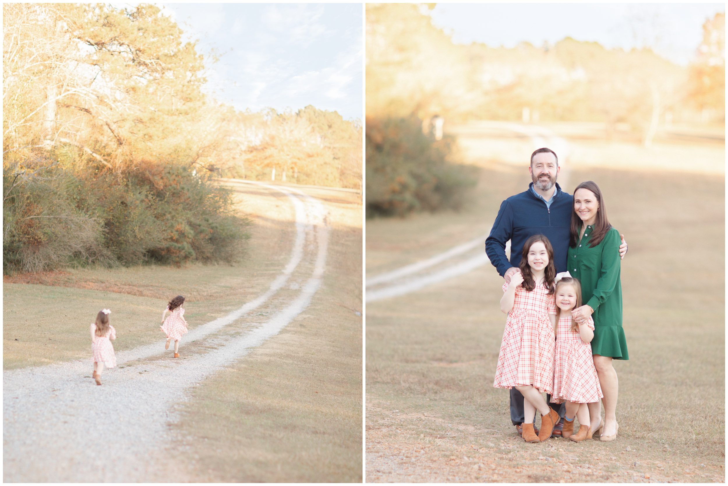 Family of four standing along a country road during a golden fall portrait session near Athens Georgia