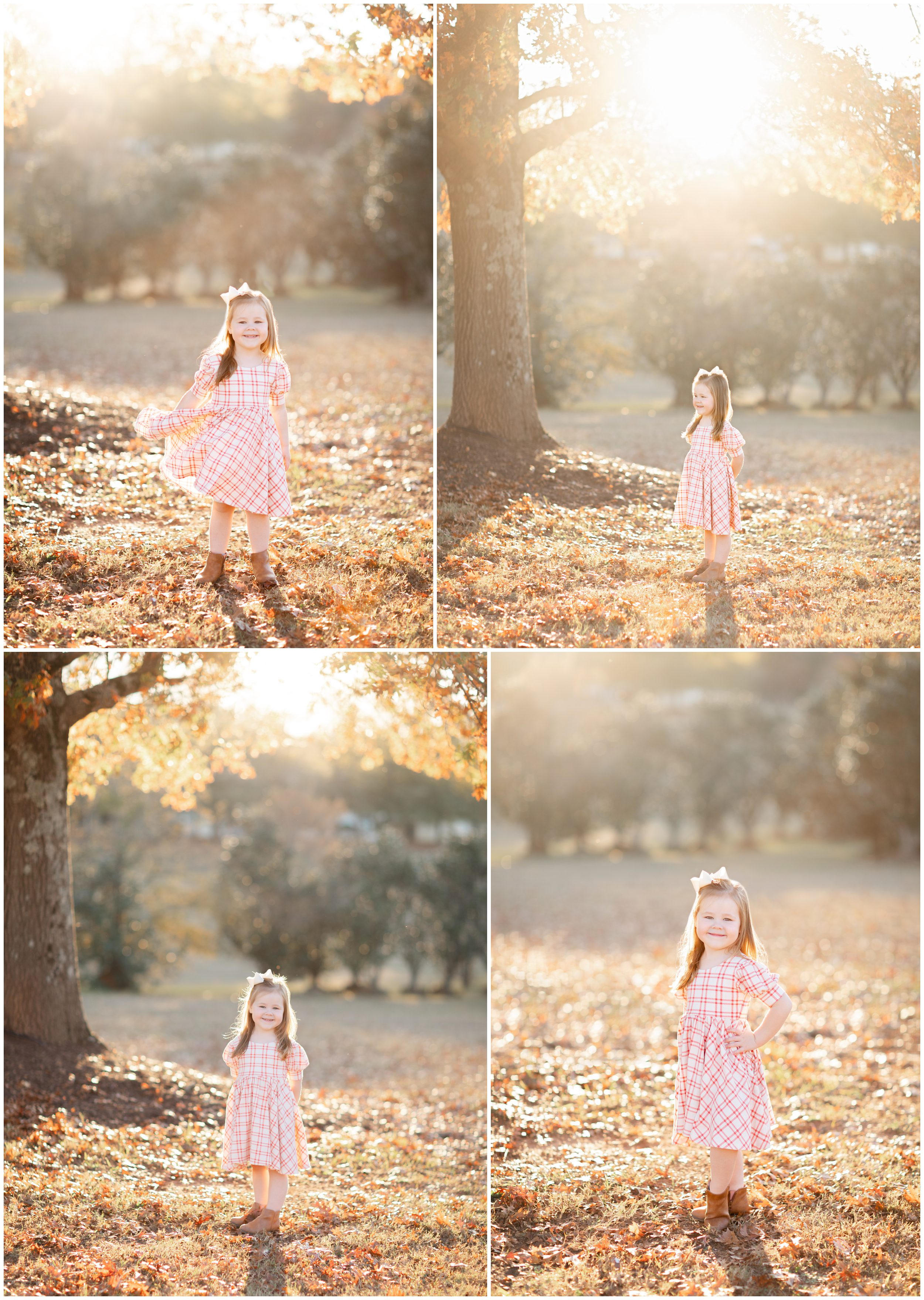 Young girl in a plaid dress standing in golden fall light during an Oconee County family session