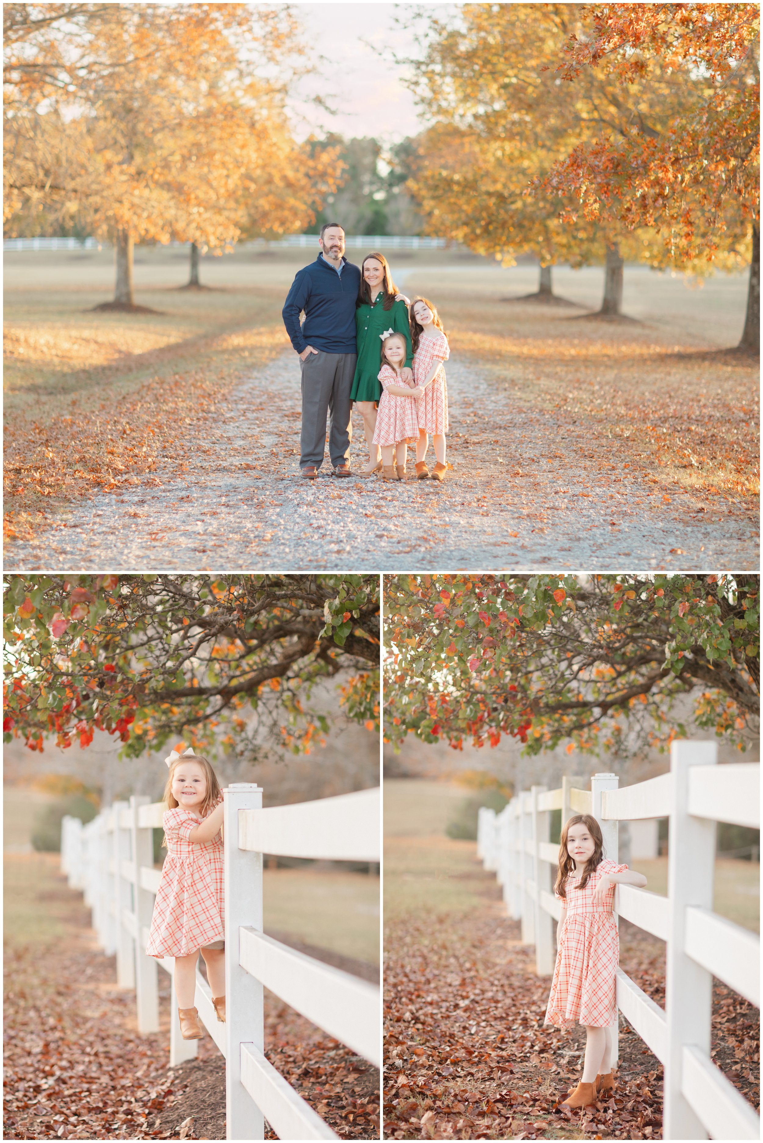 Family portrait with two daughters surrounded by colorful autumn trees in Oconee County Georgia
