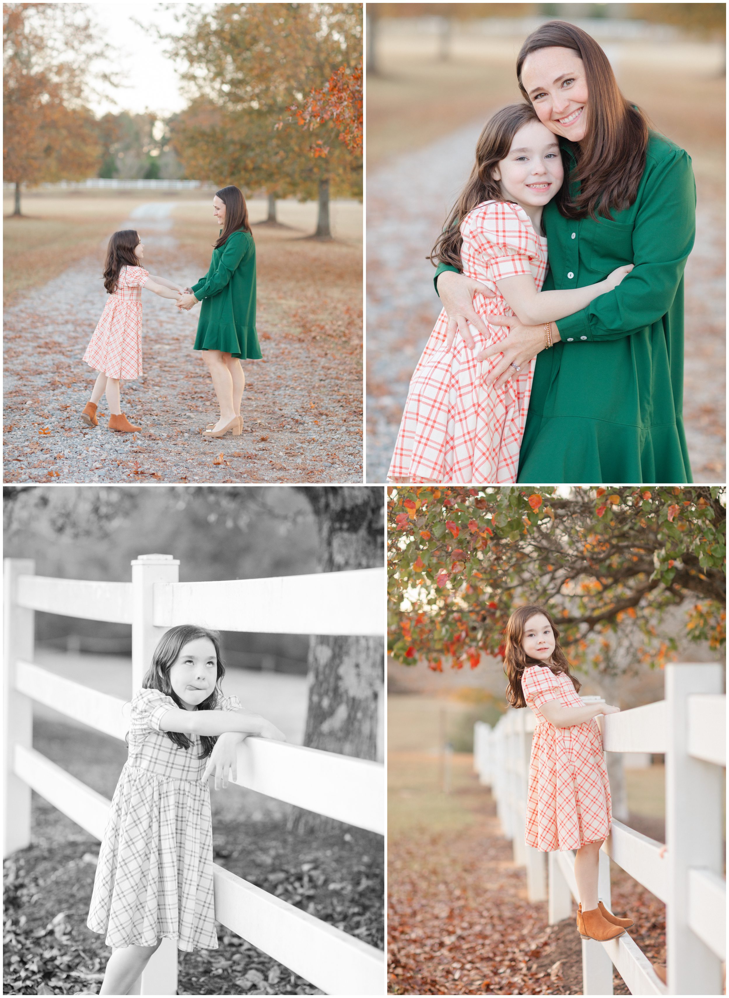 Mother and daughter portraits near a white fence during fall family photos in Oconee County Georgia