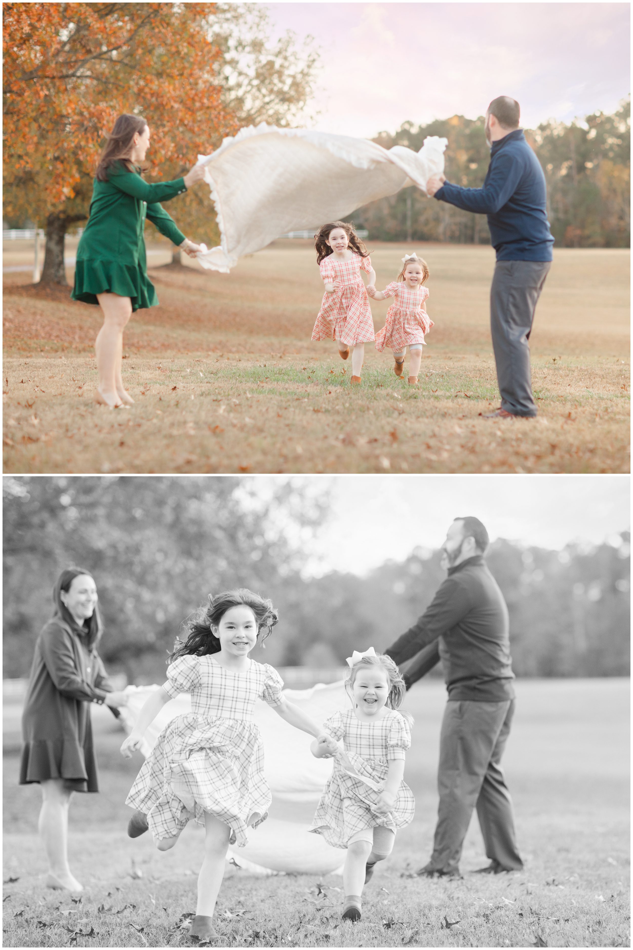 Two sisters running together during a playful fall family photography session near Athens Georgia