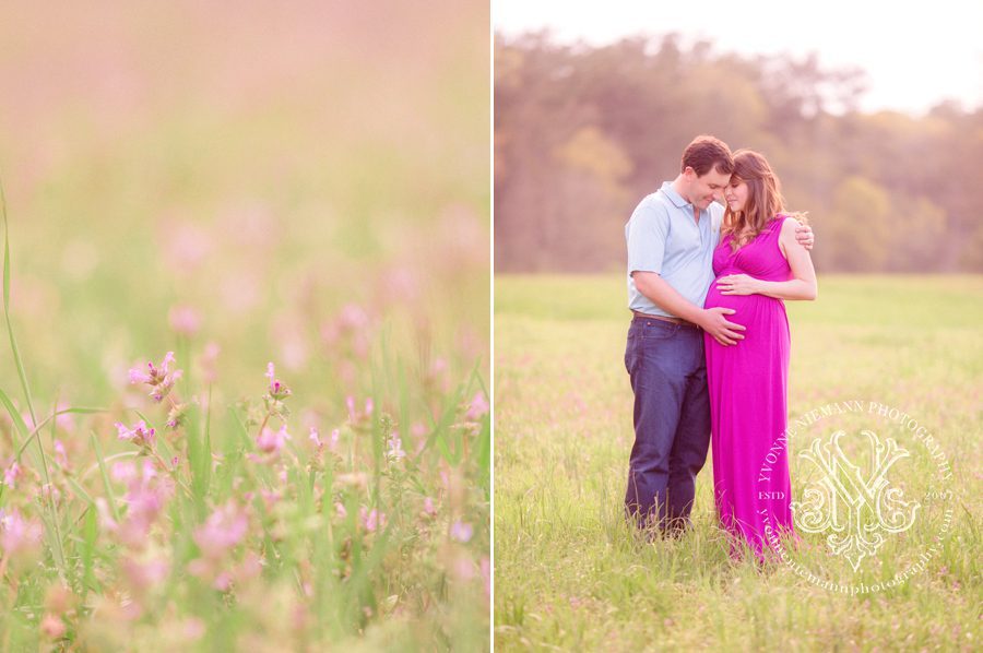 romantic Spring maternity photos in a field in Bishop, GA.