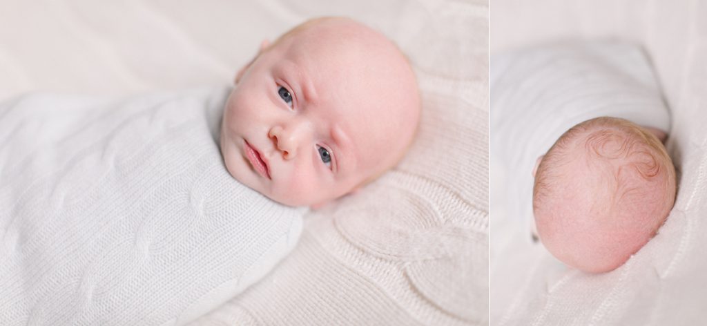 Athens, GA newborn photographer captures a one month old baby boy's heart shaped cowlick in Oconee County.