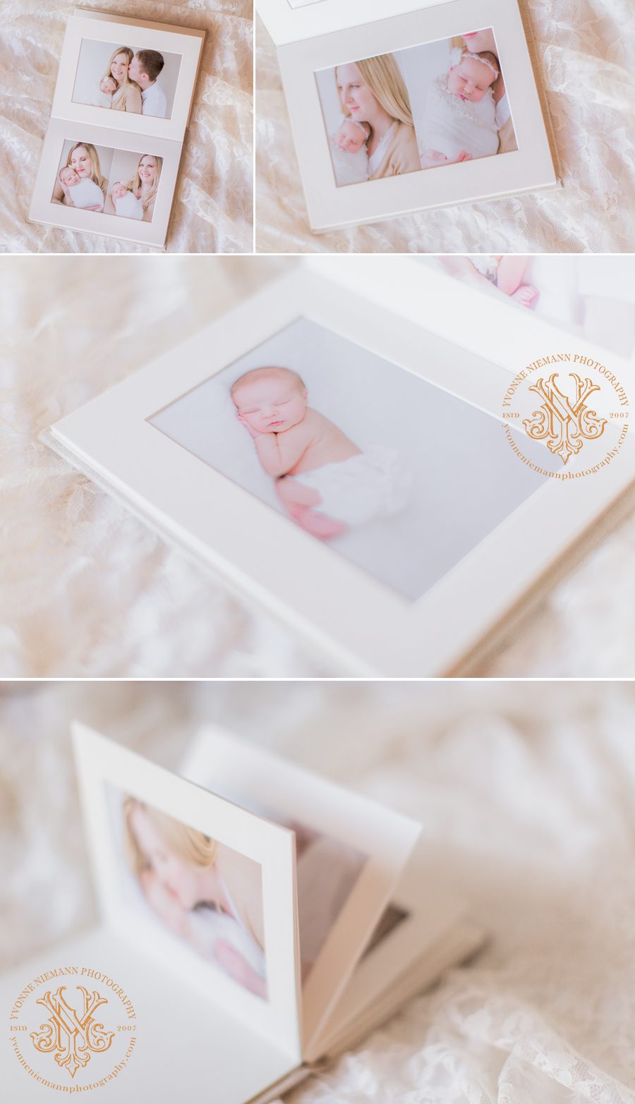Petite matted album of newborn photos offered by Athens, GA baby photographer, Yvonne Niemann.