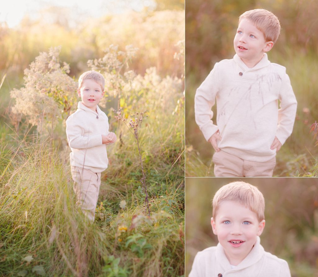 Fall child portraits of a little boy in a field in Oconee County, GA.