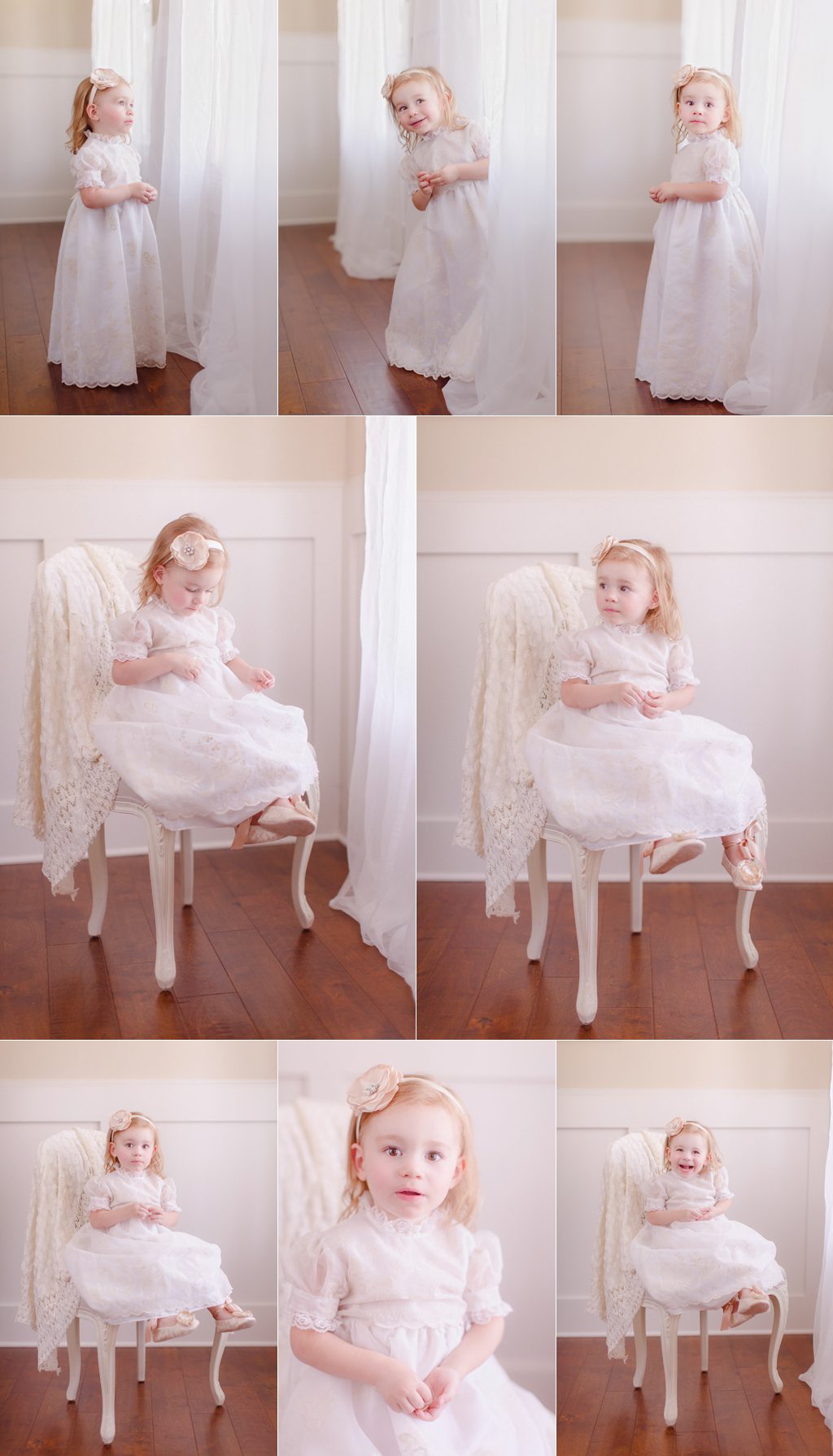 Baptism portraits of a two year old little girl in Oconee County, GA studio.