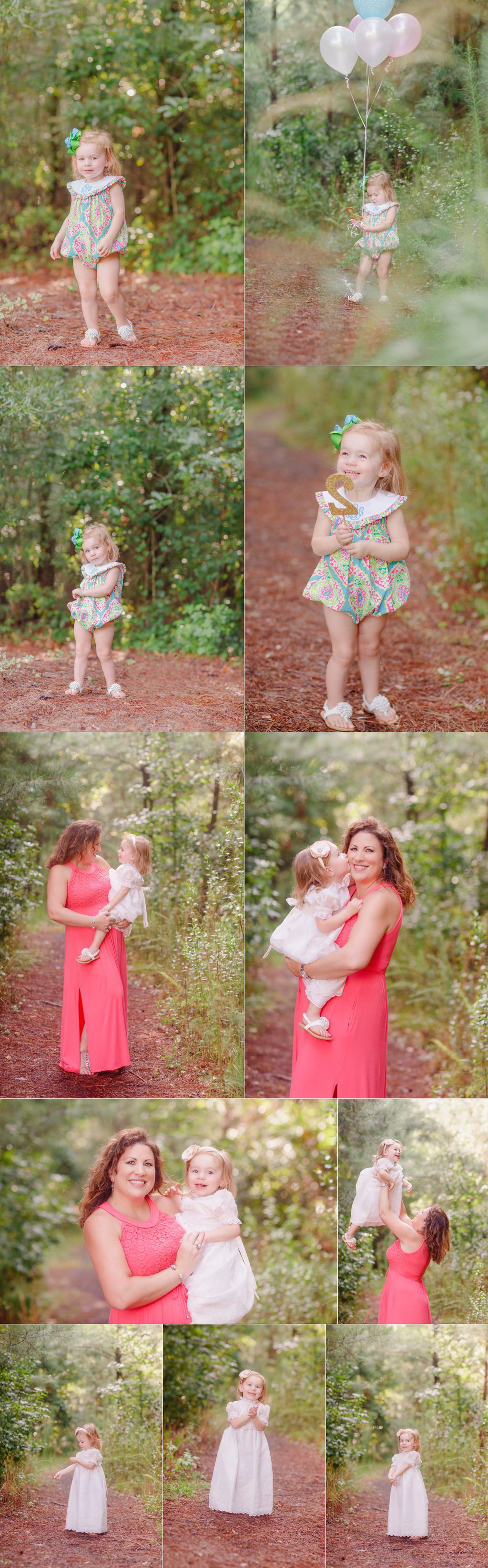 Second birthday portraits of a little girl with her mom in the woods of Oconee County, GA.