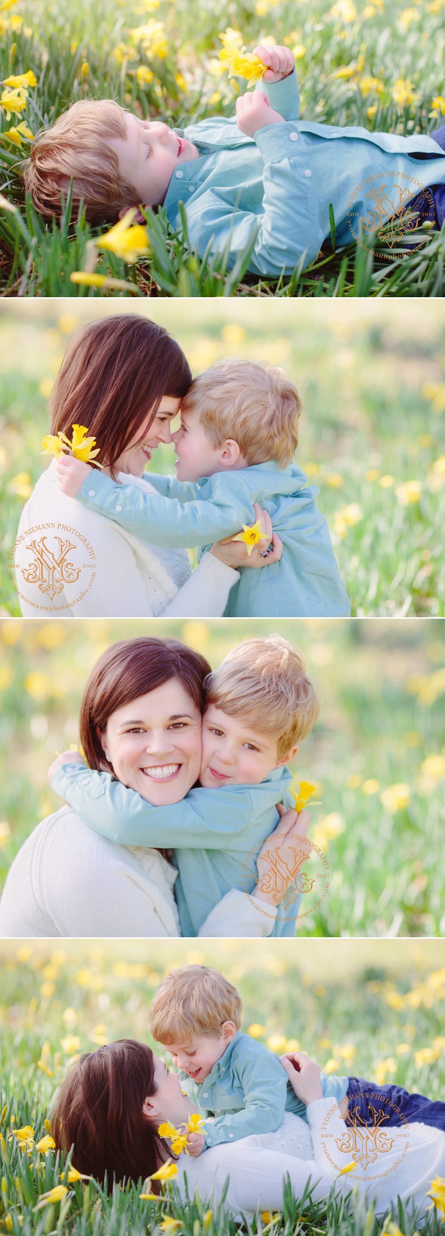 Mother and son playful photos in Watkinsville, GA among yellow flowers.