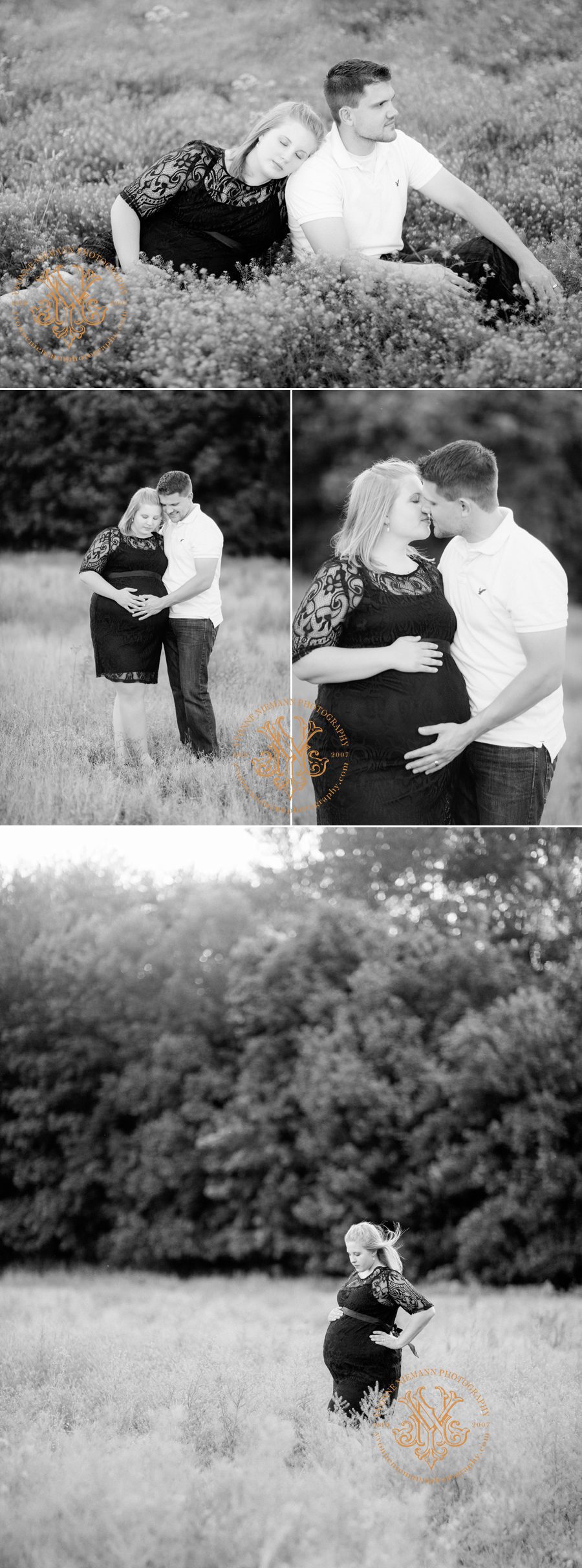 Spring maternity portraits of expecting couple in a field in Watkinsville, GA.
