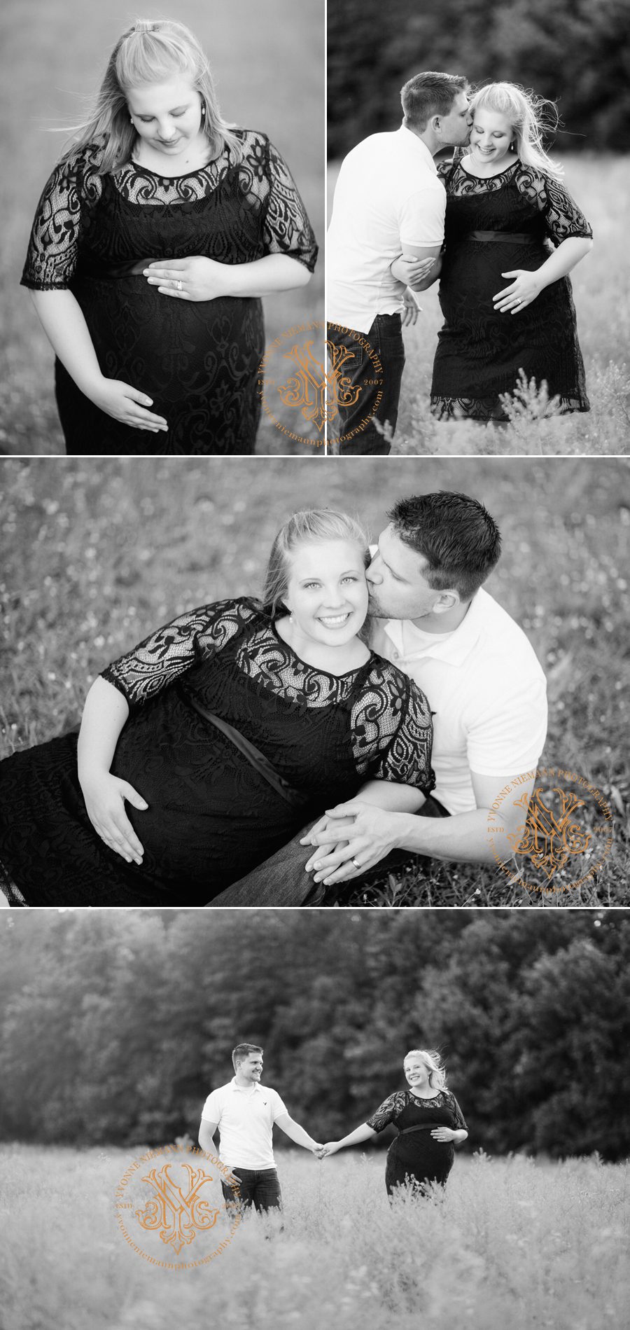 Black and white maternity photos in a Spring field in Oconee County, GA.