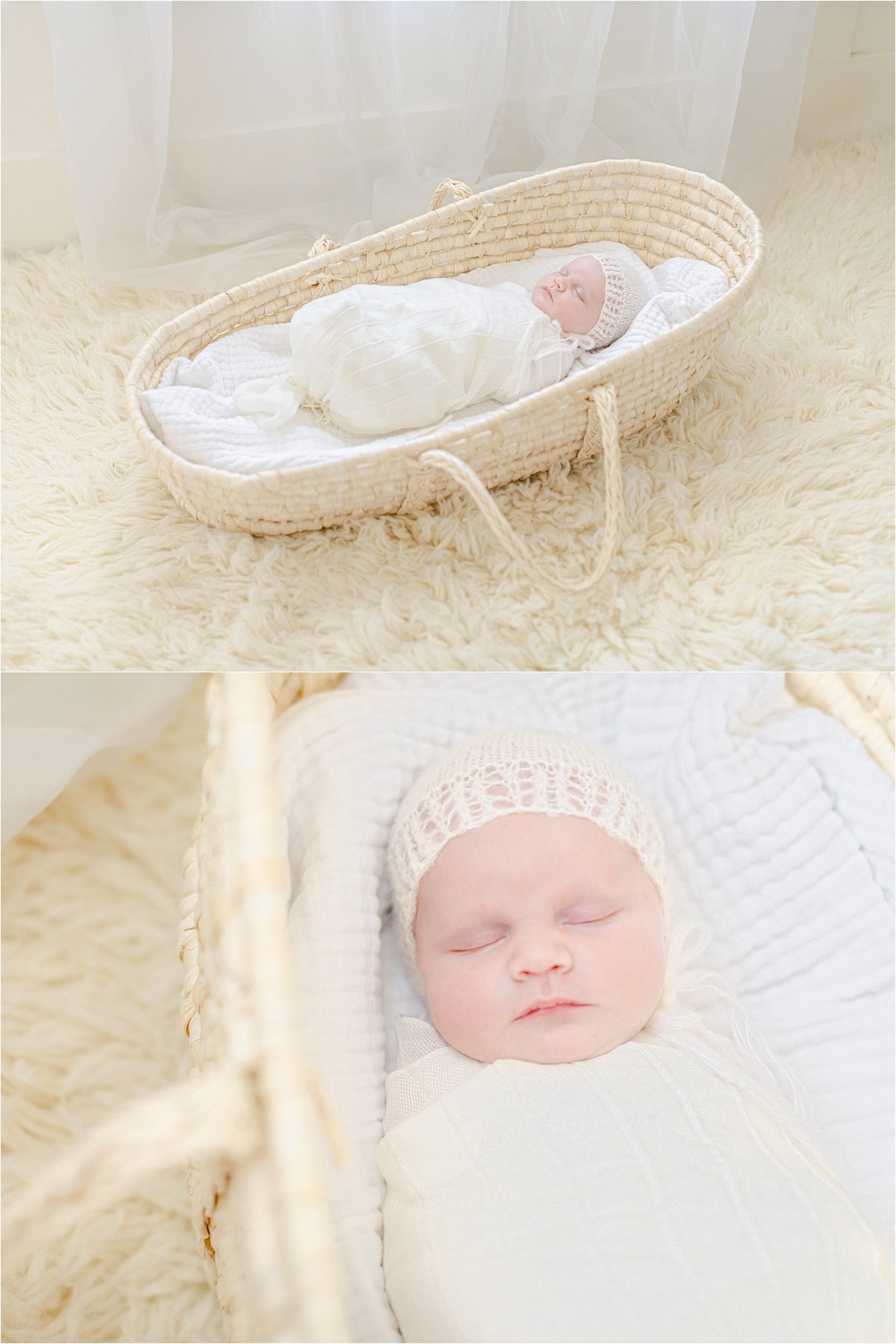 Atlanta newborn portrait photography of bundled up infant in bassinet