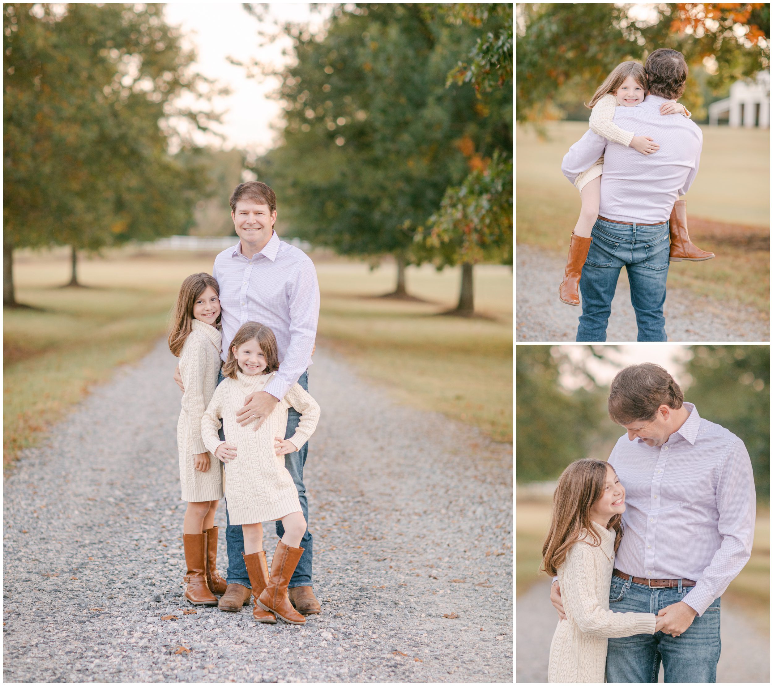 Father and daughters sharing playful moments during a fall family portrait session