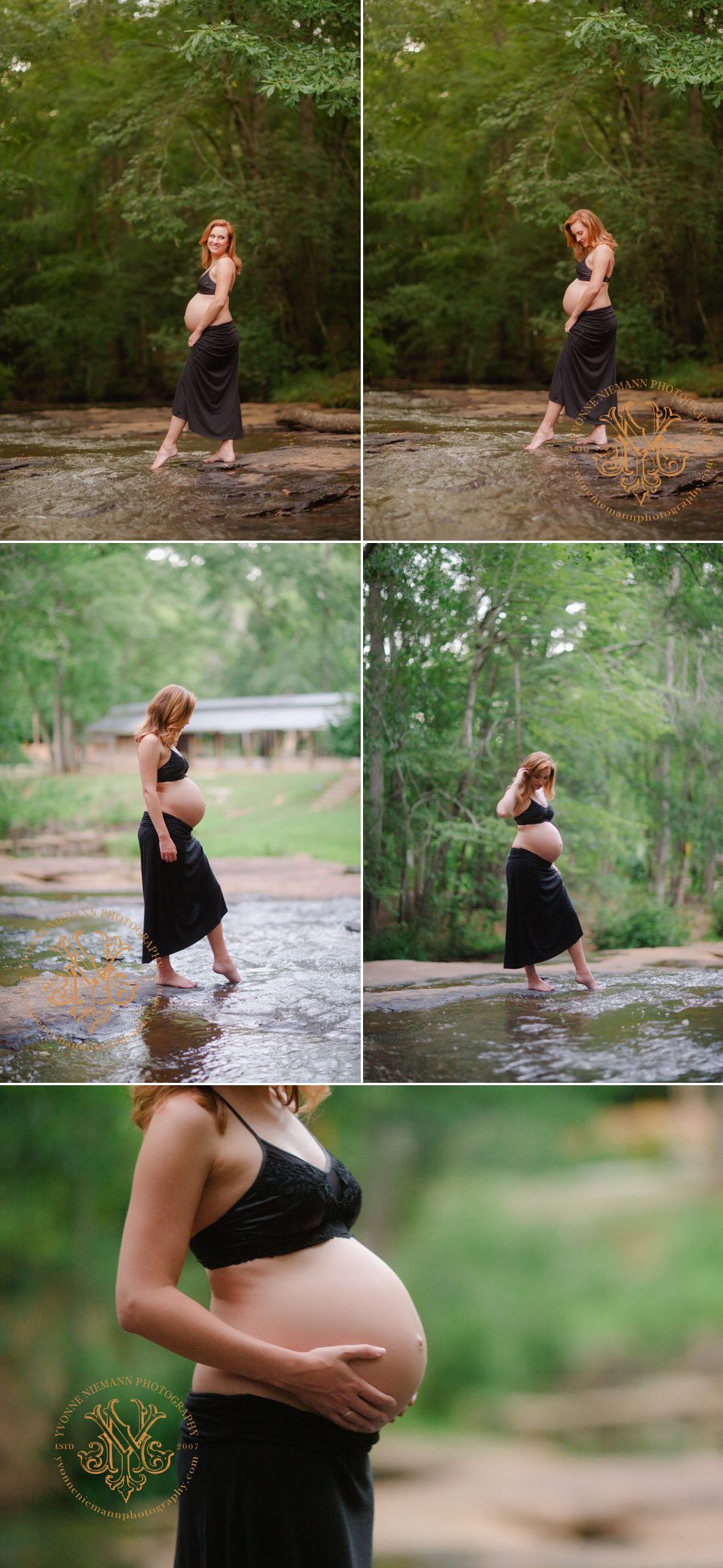 Outdoor pregnancy photo shoot on shoals in Oconee County GA.