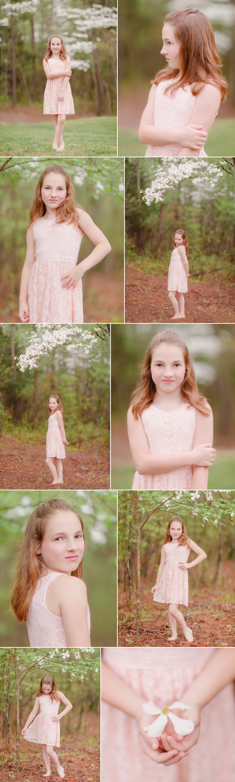 Portraits showing tween natural beauty in the Spring surrounded by dogwood trees in Athens, GA area.