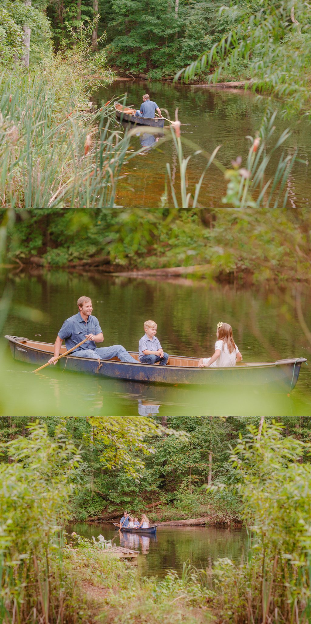 Portraits of a family in a canoe on their pond in Watkinsville, GA.