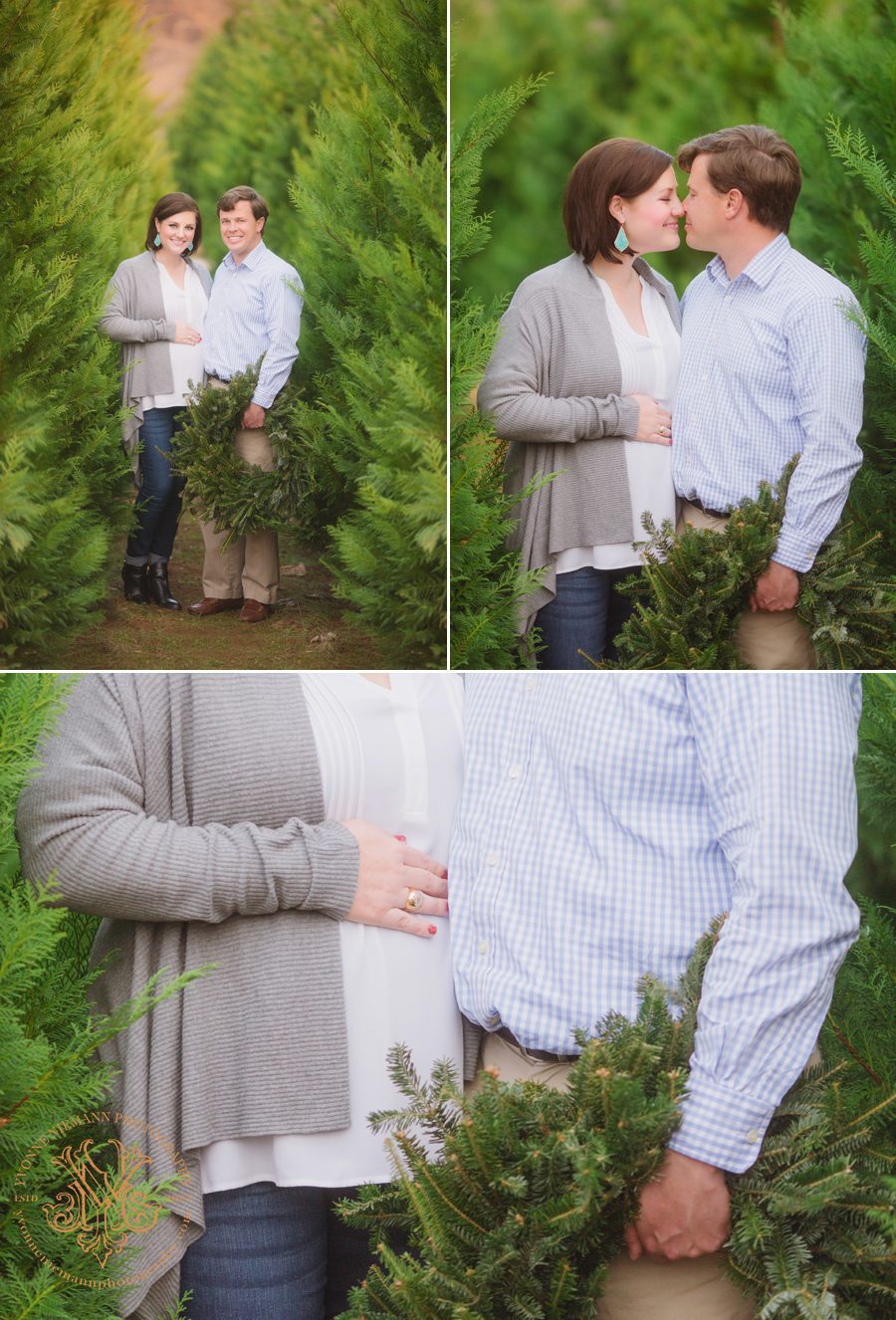 Christmas maternity portraits at a tree farm in Oconee County, GA of a couple expecting their first baby.