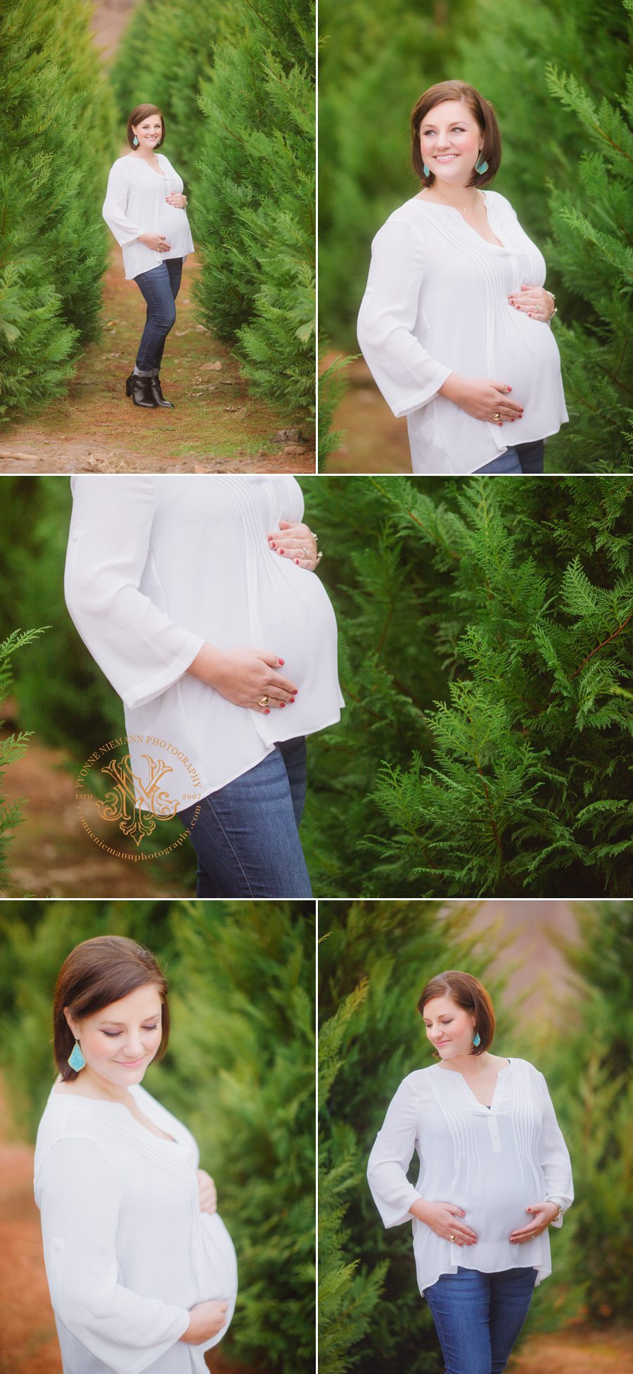 Beautiful winter pregnancy photos in last trimester surrounded by pine trees at a tree farm in Bishop, GA.