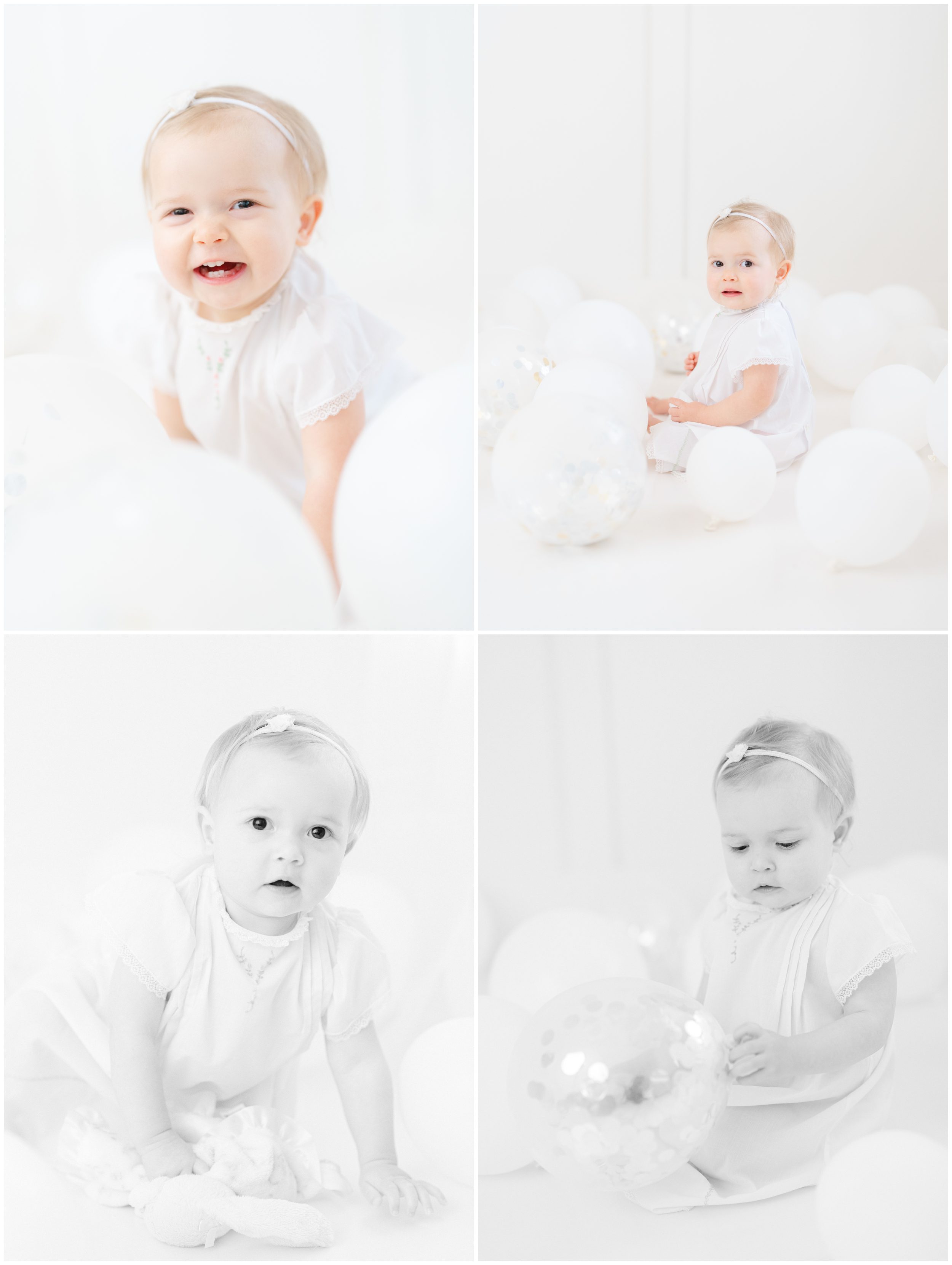 Smiling baby girl during her first birthday photoshoot in an Athens GA photography studio