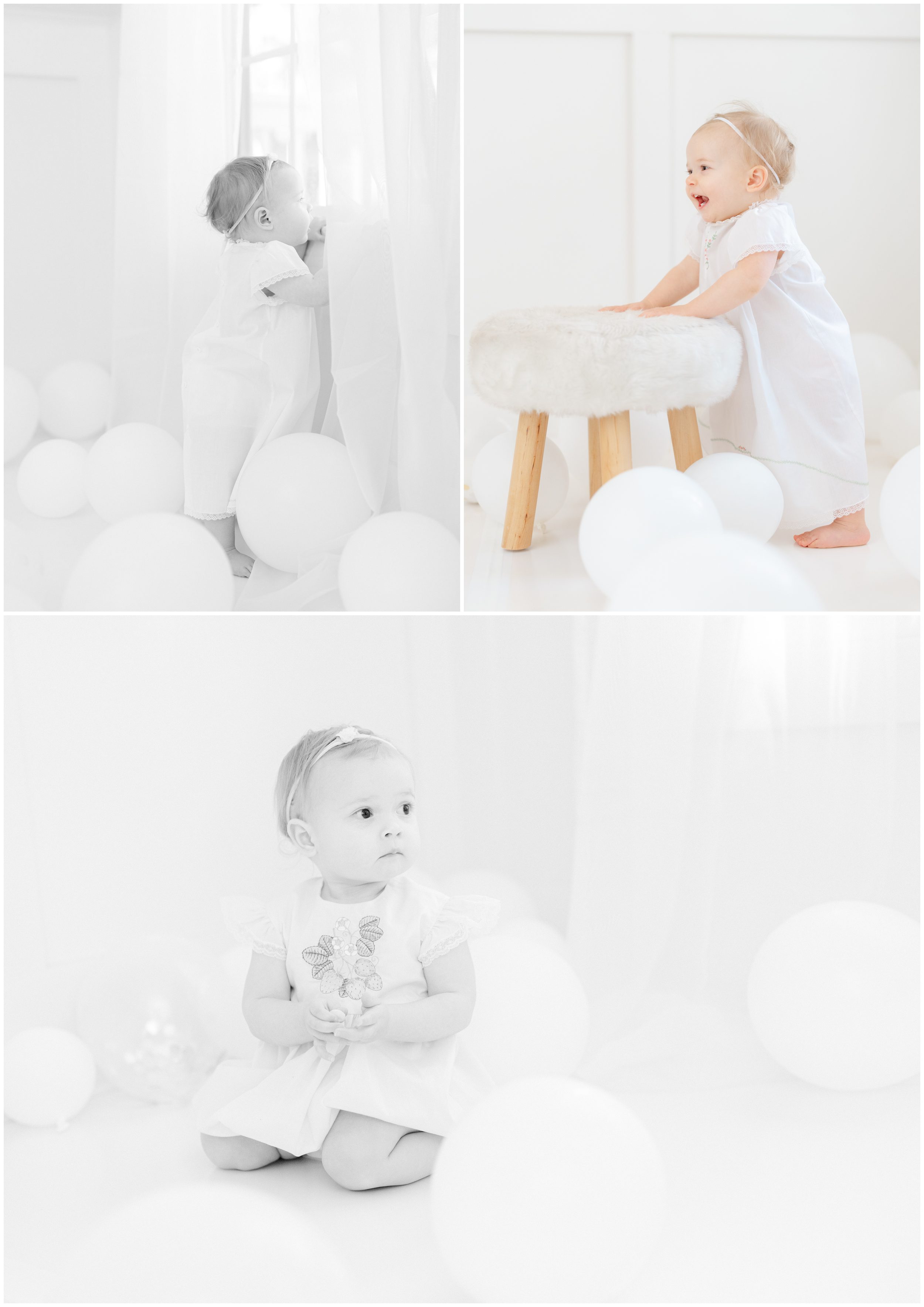 Baby girl playing with balloons during her one year milestone photography session
