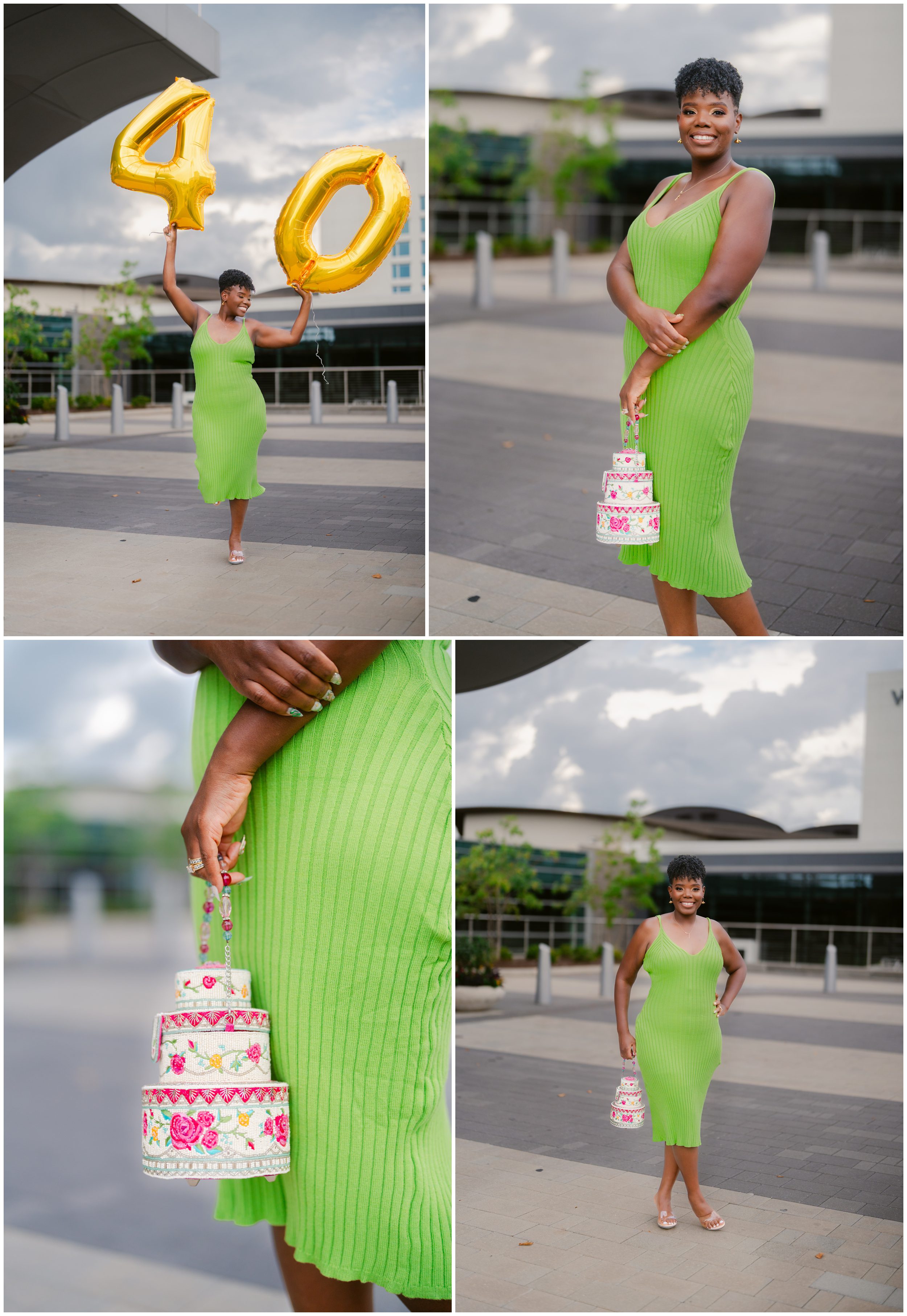 Woman holding gold 40 balloons during a 40th birthday photoshoot in Atlanta