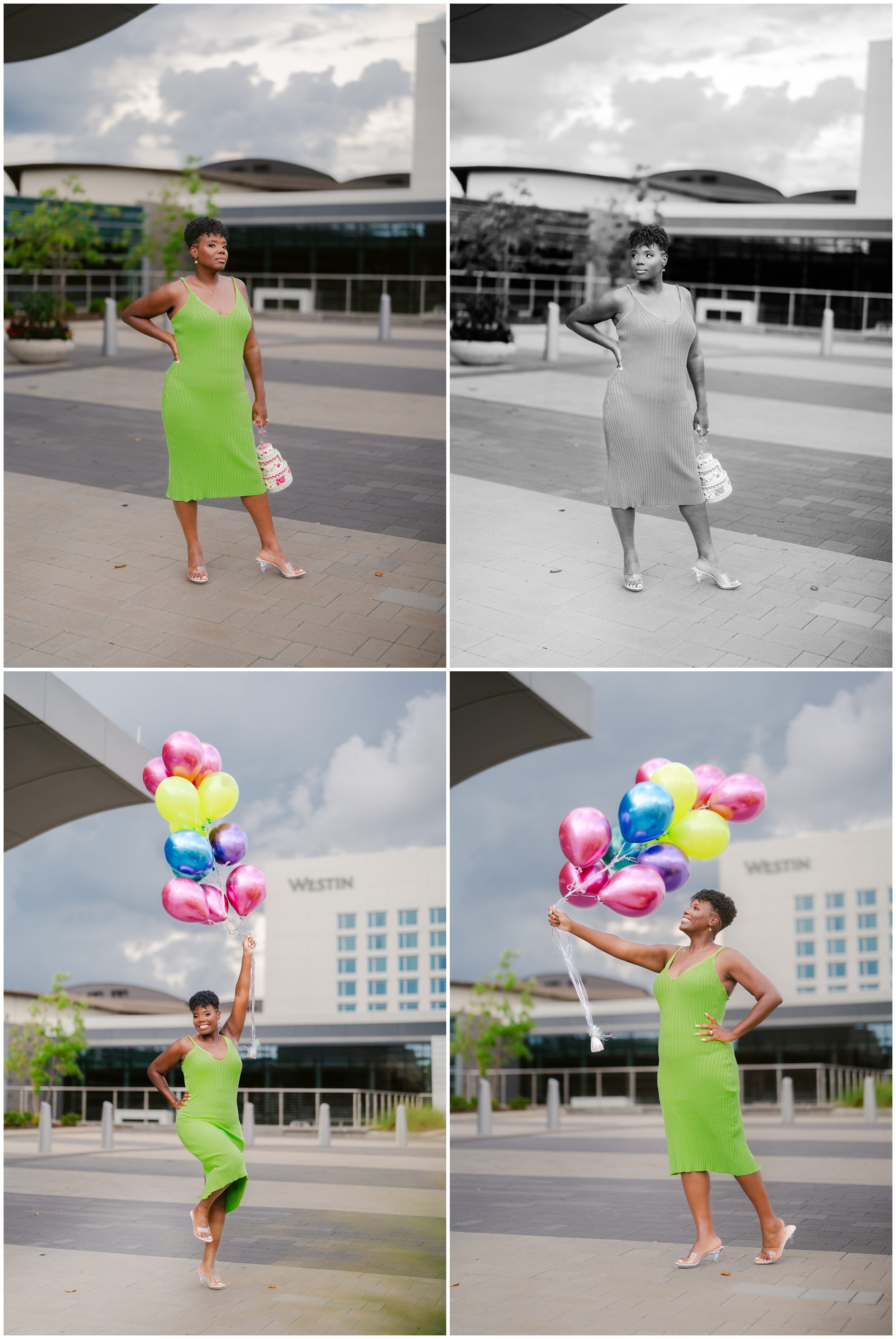 Atlanta 40th birthday photoshoot with colorful balloons and bright green dress