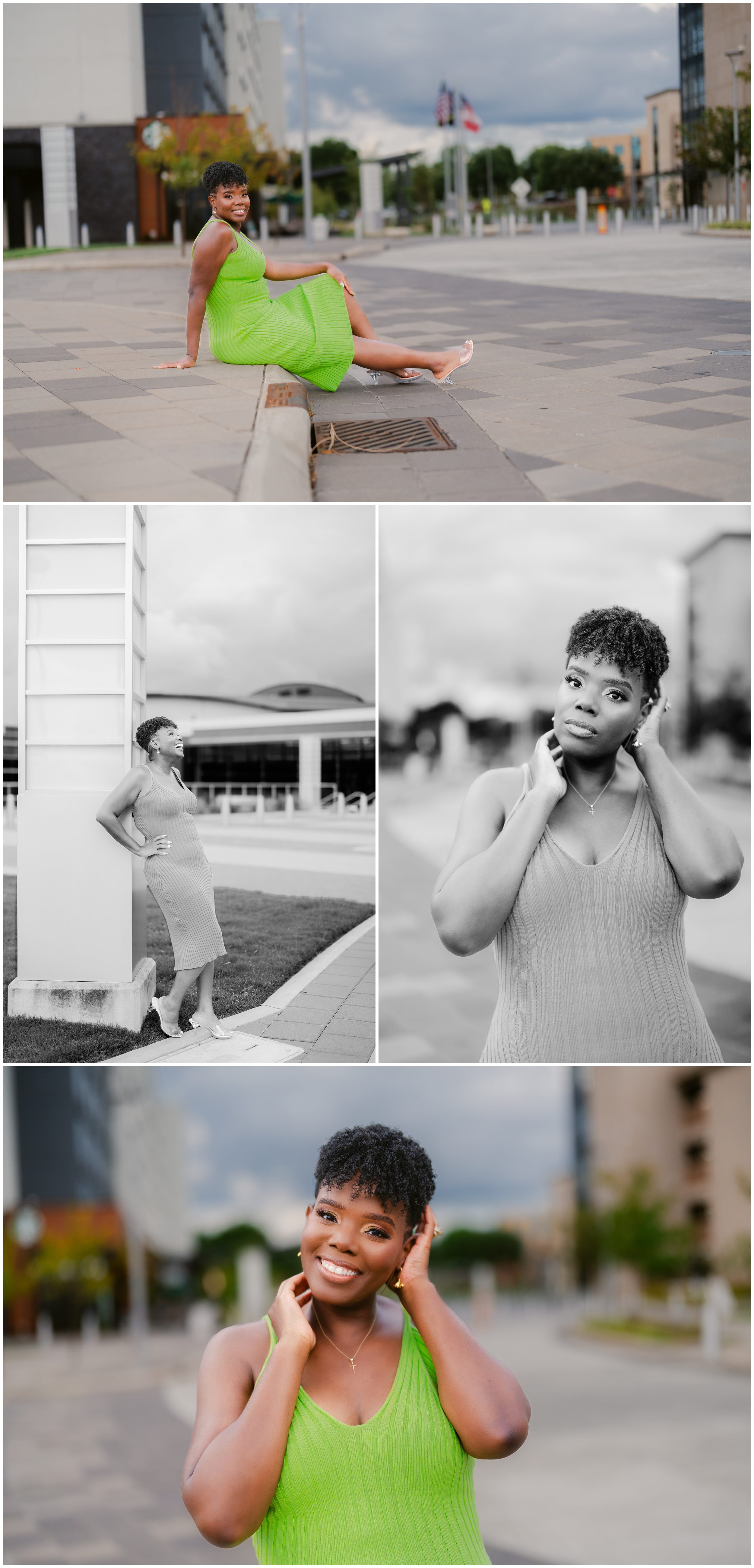 Woman in green dress posing outdoors for stylish Atlanta birthday portraits