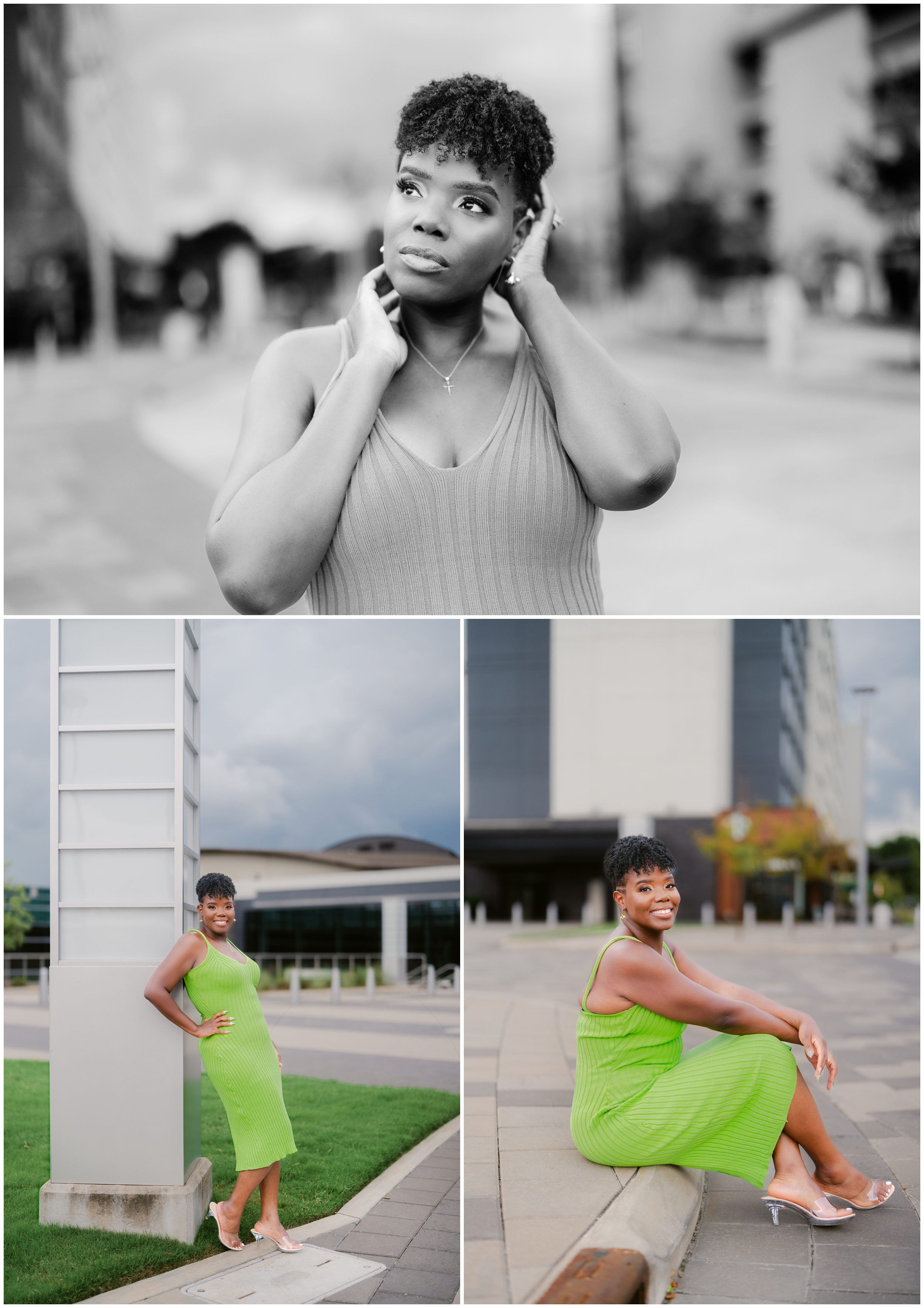 Stylish 40th birthday portrait with modern Atlanta architecture in the background