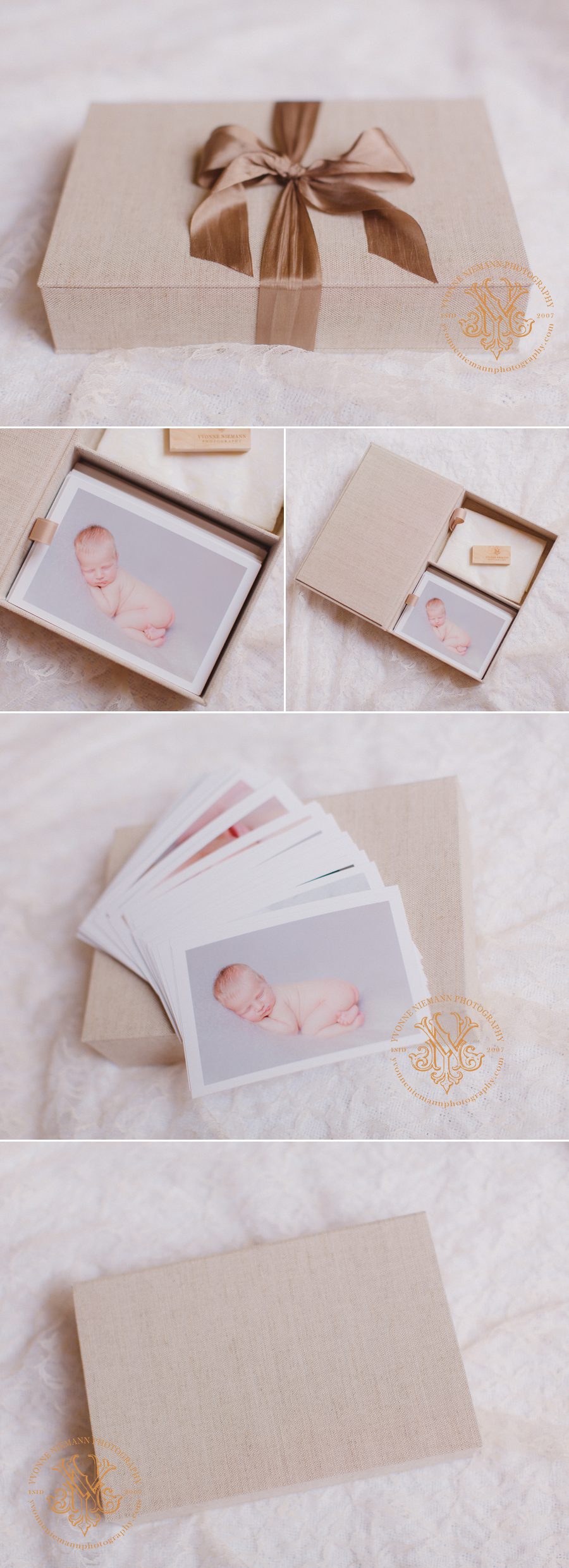 Newborn photos in an image box covered in linen offered by Athens, GA newborn photographer, Yvonne Niemann Photography.