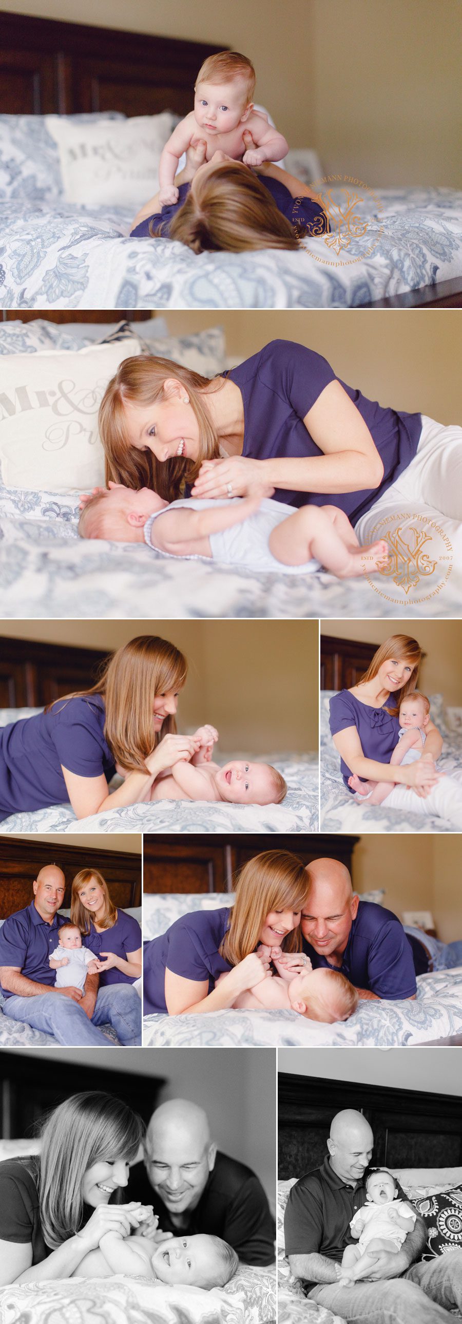 Editorial family baby photos on parents' bed in Watkinsville, GA.
