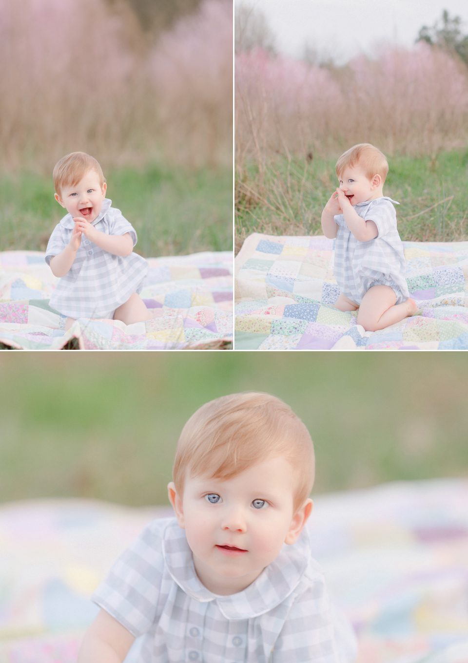 Spring professional photography baby boy of nine months in peach orchard near Athens, GA.