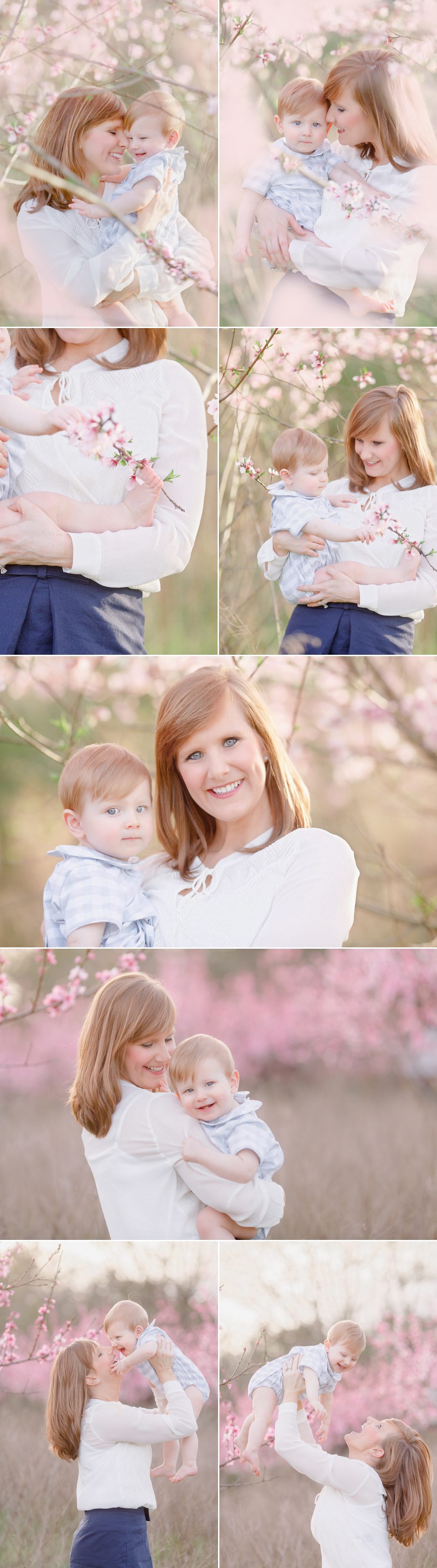 Images of love between mother and child in peach orchard in the Spring near Athens, GA.