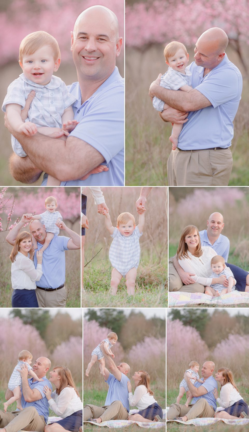 Spring family photos on peach orchard in Oconee County, Georgia.