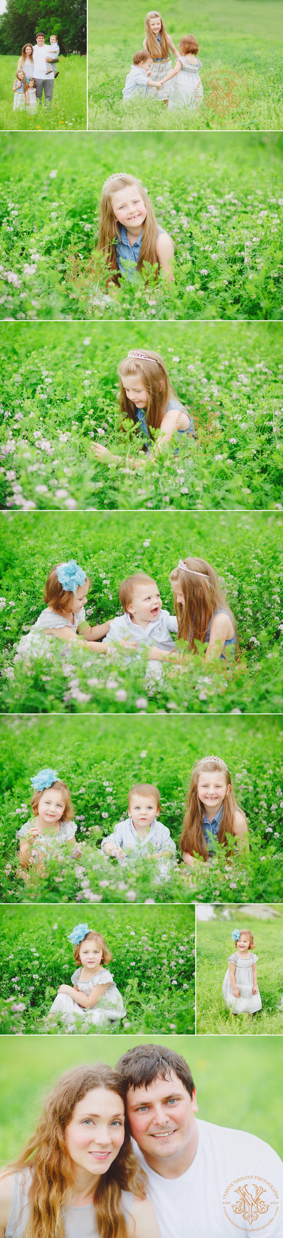 Three siblings playing in a field of flowers in Bishop, GA in the Spring.