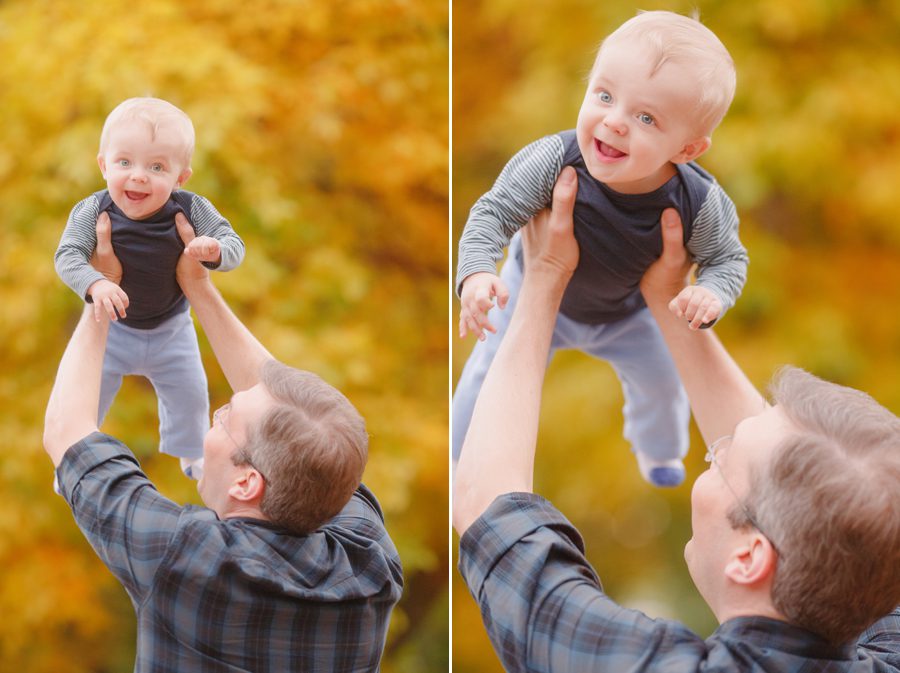 Brilliant fall colors surrounding a baby boy's photos of him being tossed in air from dad in Athens, GA.