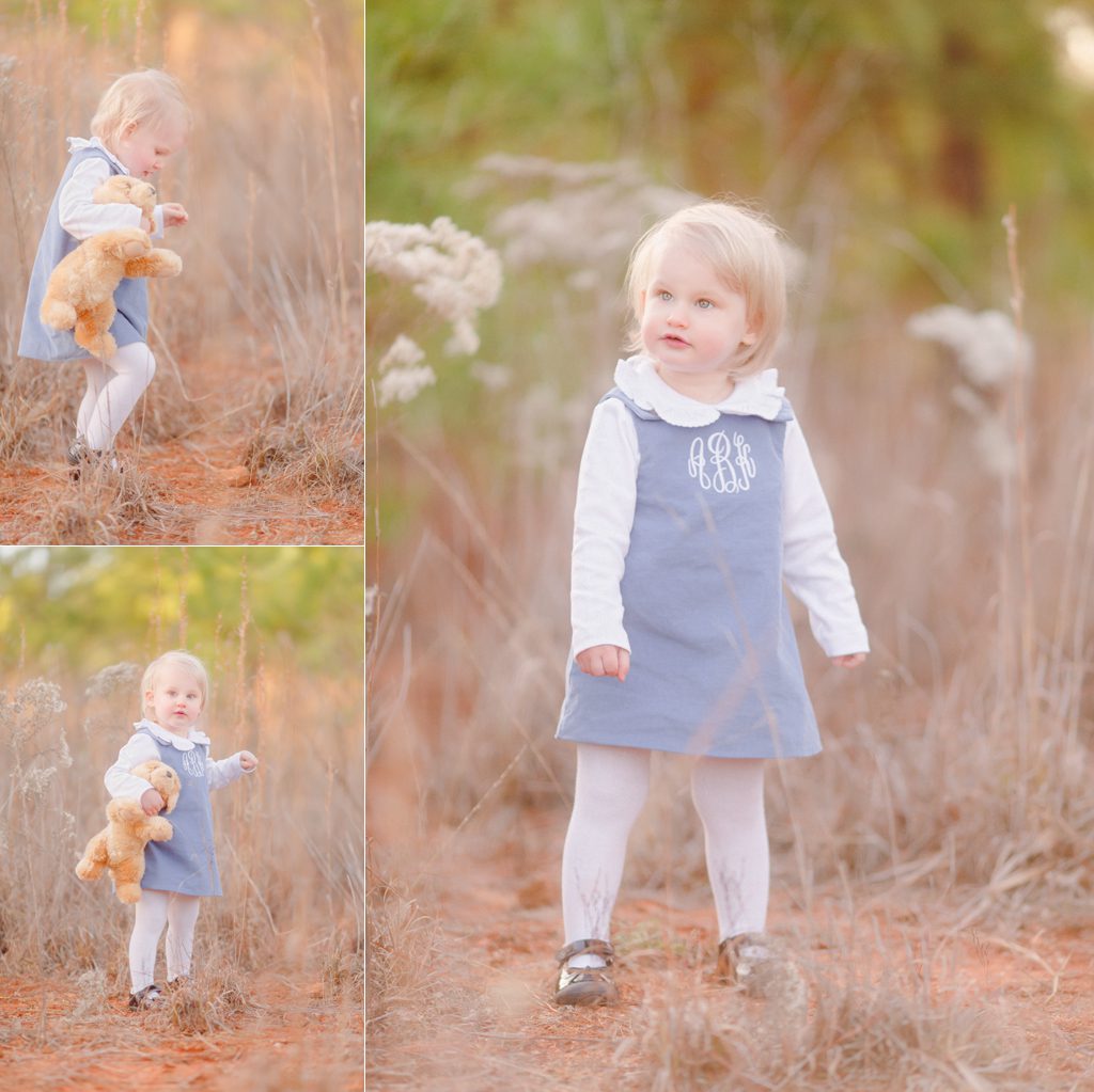 Winter Athens, GA toddler photography of a little girl wearing a monogrammed dress.