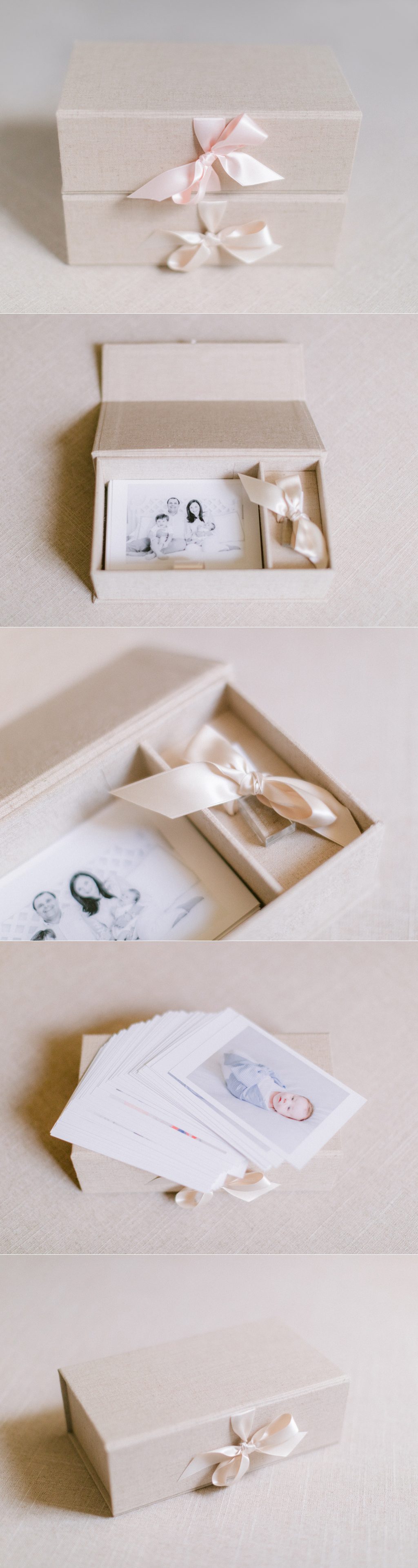 Photos of portrait boxes covered in natural linen with satin ribbon bow and loose prints.