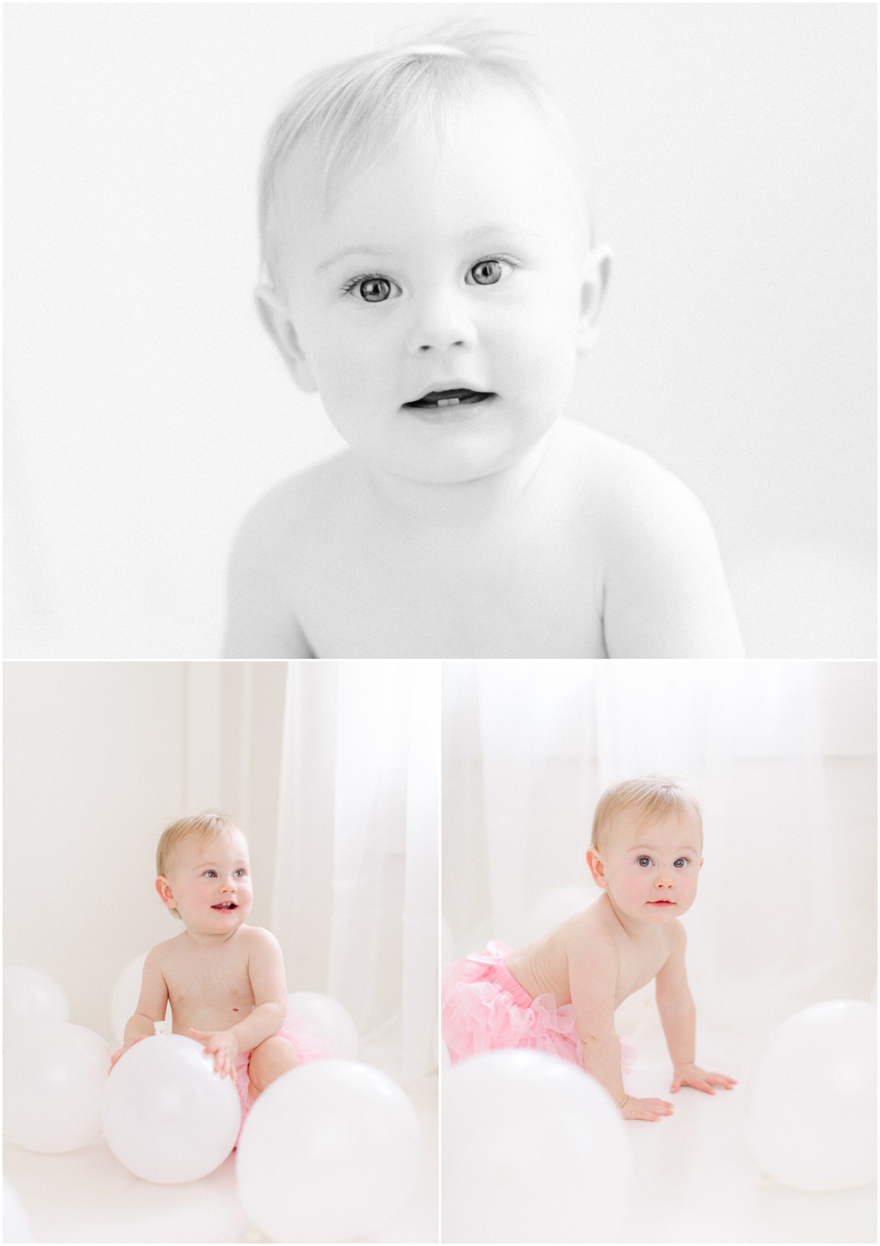 1st birthday milestone photographer portraits of girl with balloons in Athens GA