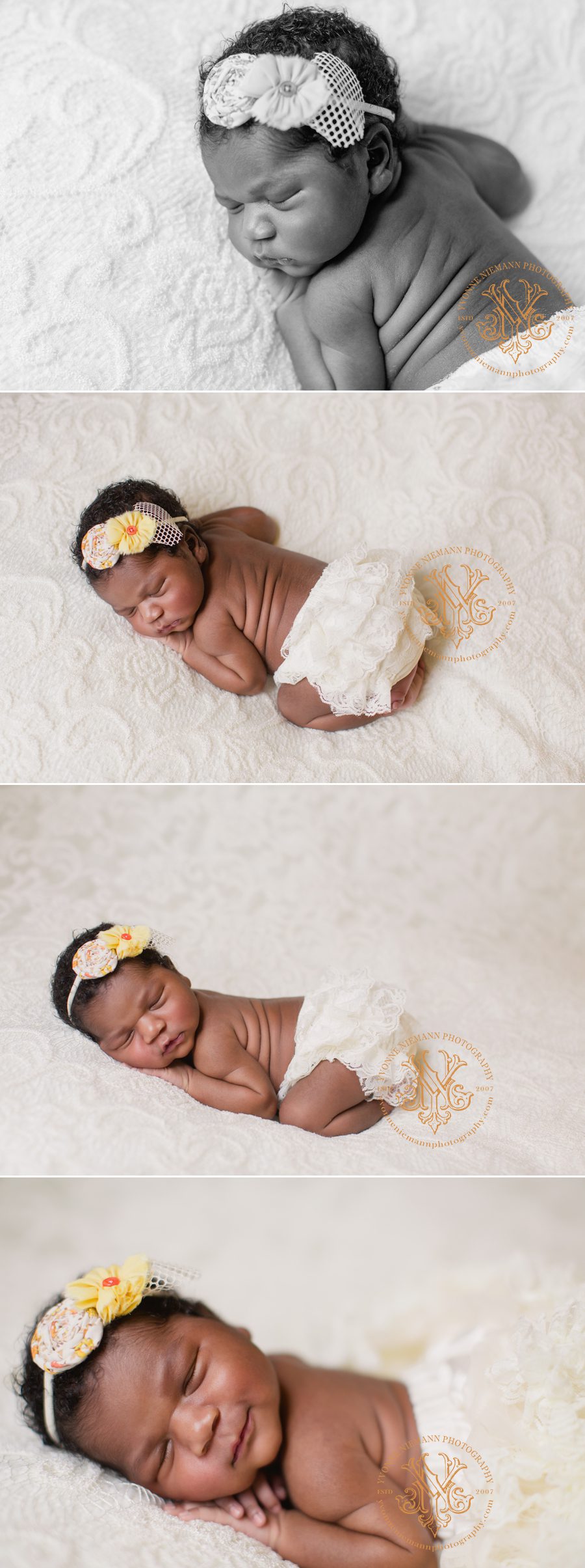 Natural and pretty Atlanta newborn photos of infant in lace taken by Yvonne Niemann Photography.