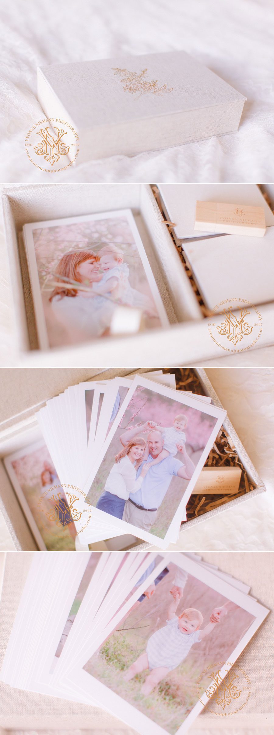 loose prints of a family photo session in Athens, GA in an heirloom box