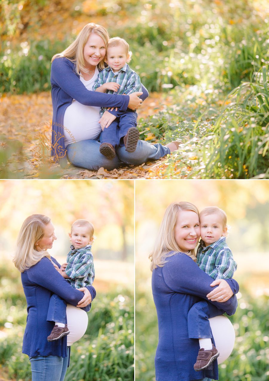 Athens, GA fall maternity pictures of a mother with son and soon-to-be big brother.