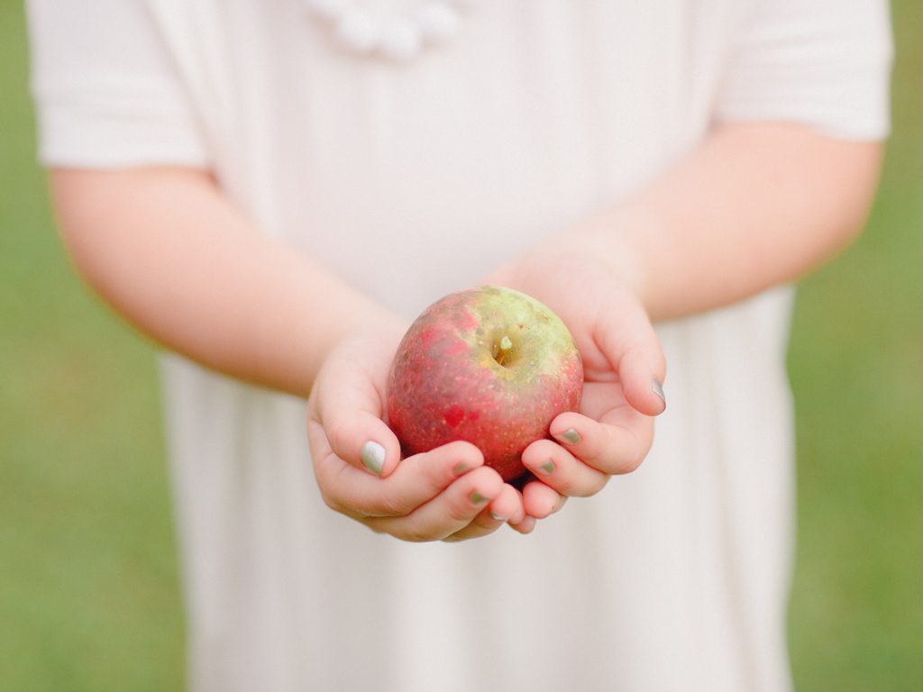 Photo of little girl holding an apple during her Athens, GA Fall portrait sessions.