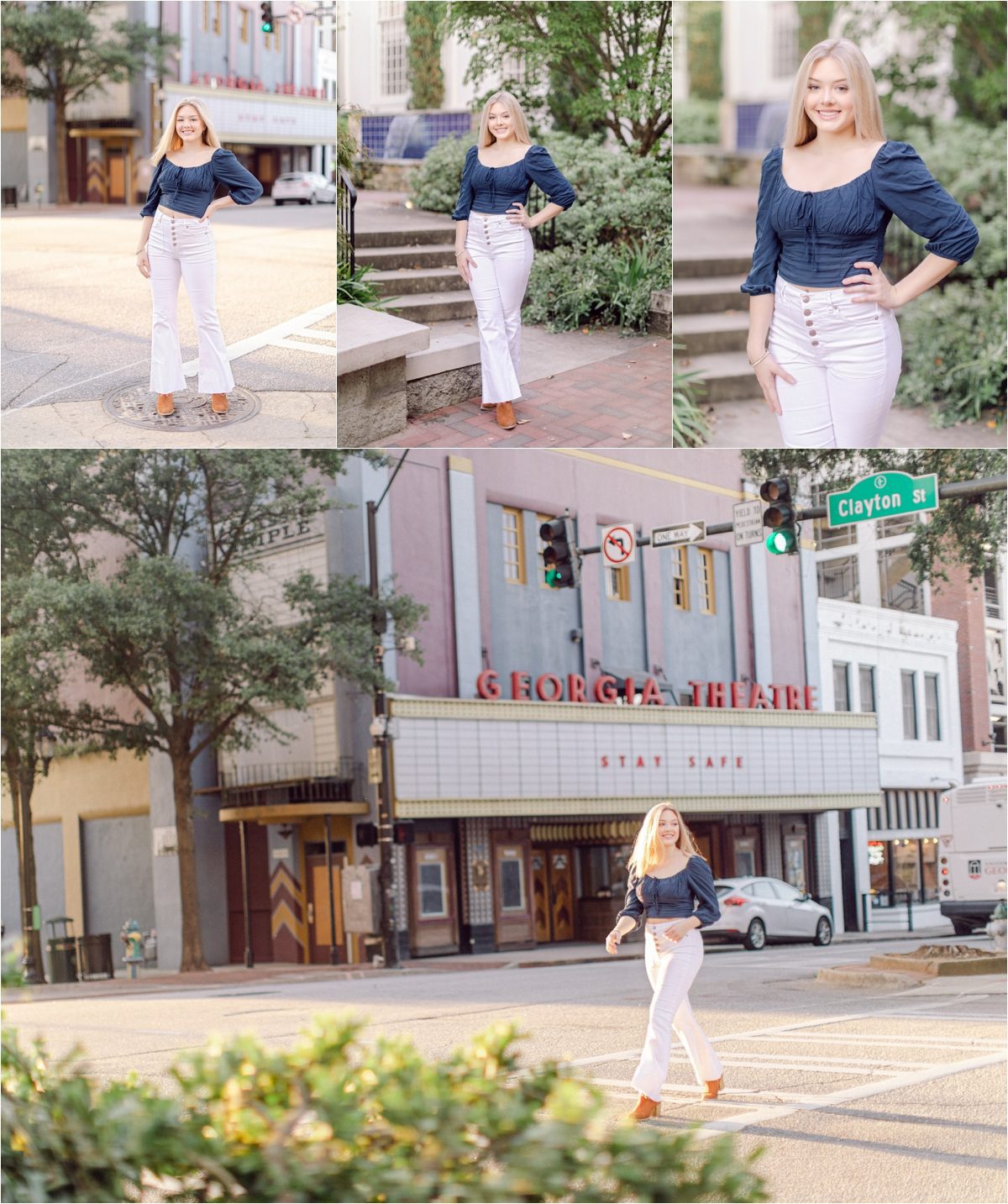 Oconee County High School senior pictures in front of Georgia Theater.