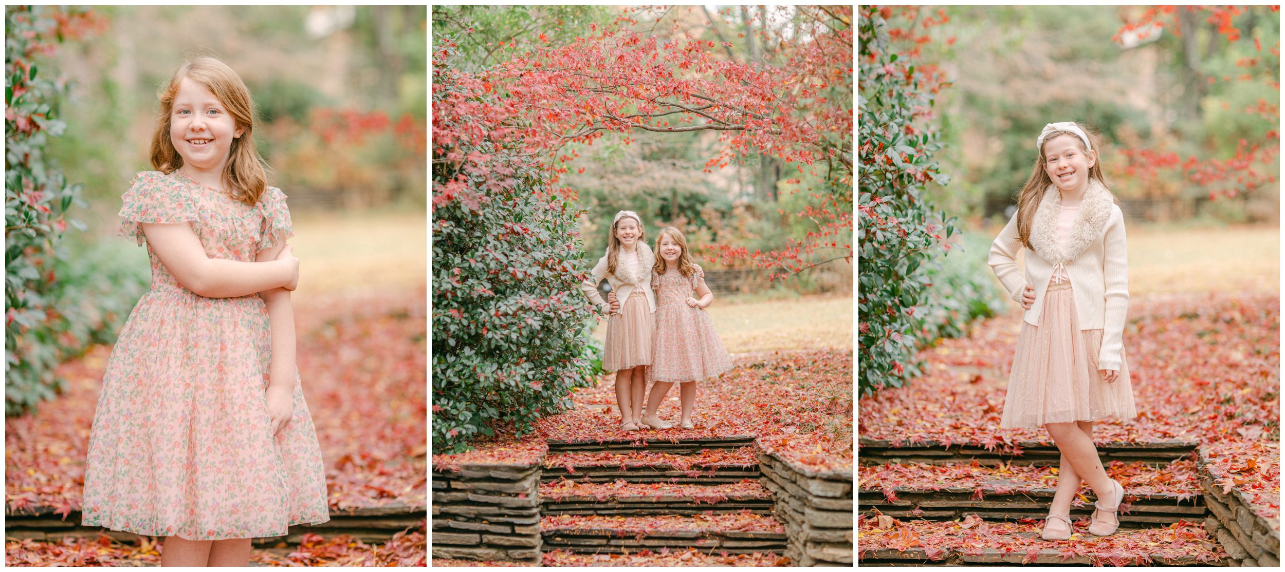 Fall portraits of two sisters in coordinating pink floral and cream outfits surrounded by colorful November foliage in Athens, GA.