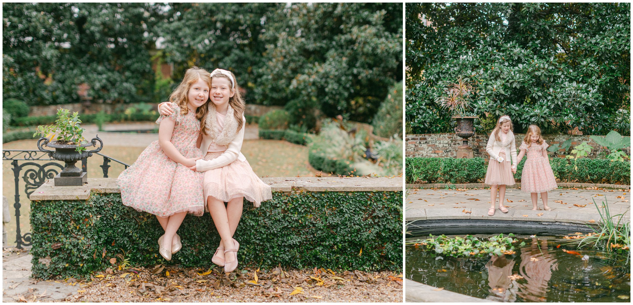 Sisters sharing a sweet hug on an ivy-covered garden wall and exploring a garden pond during their fall photo session in Athens, GA.