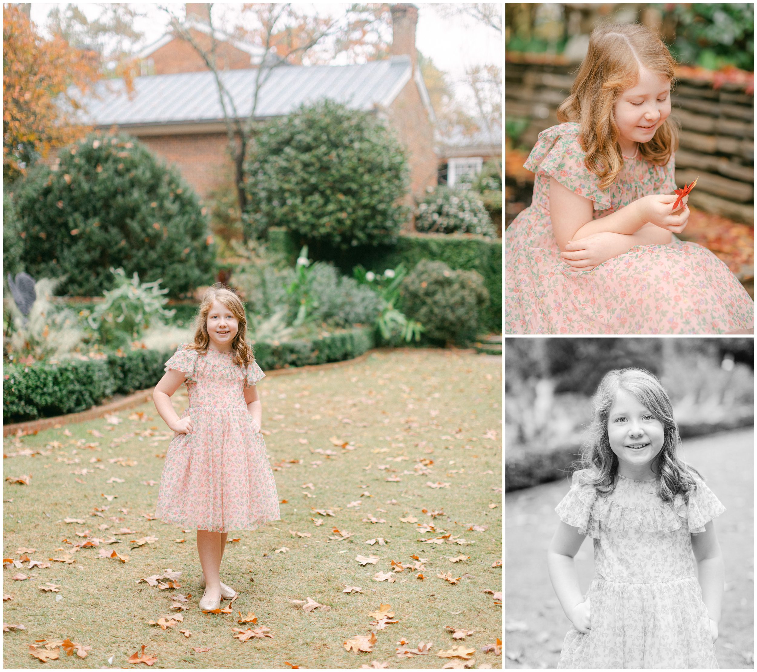 Young girl wearing a pink floral dress during a November portrait session at Founder's Garden, including a close-up with a red maple leaf.