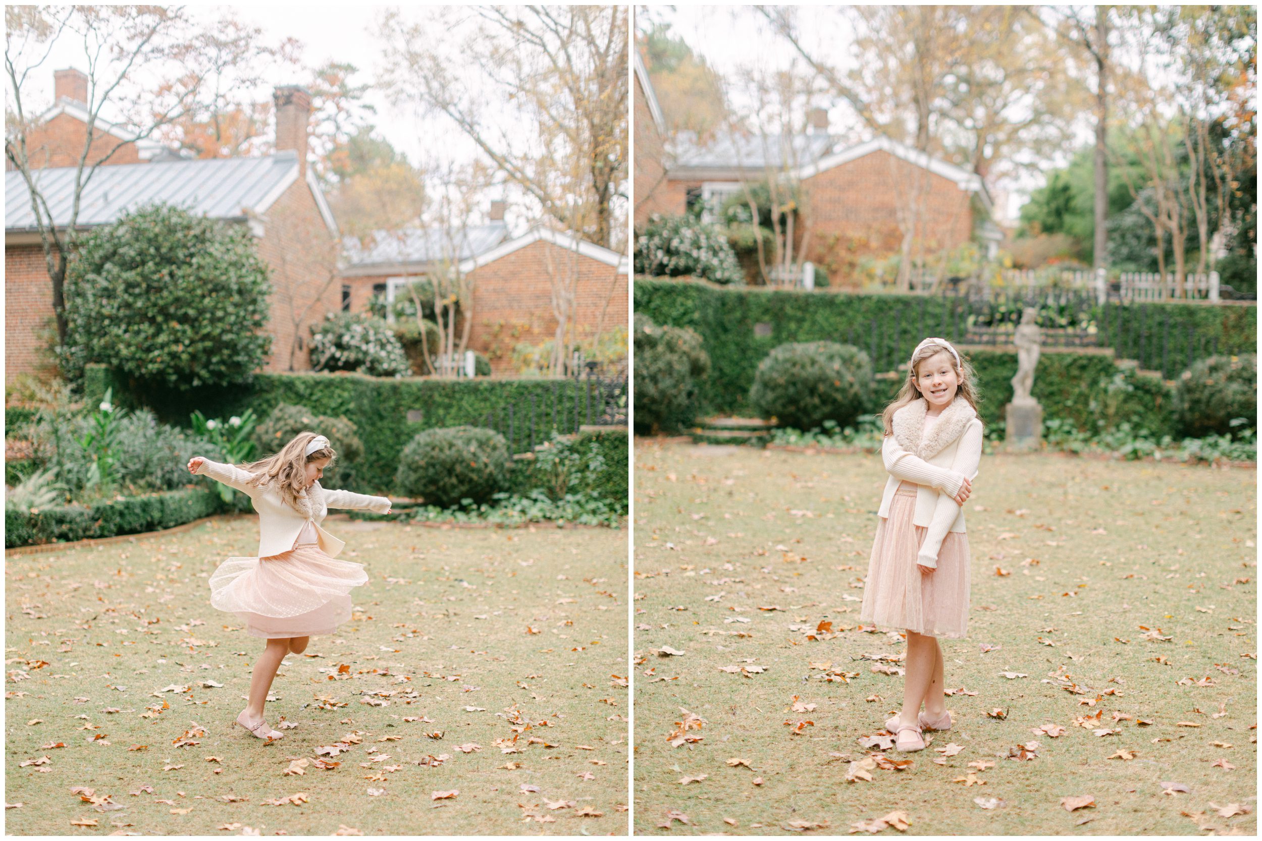 Young girl twirling in a blush pink dress and cream cardigan during a colorful fall portrait session on UGA's campus.