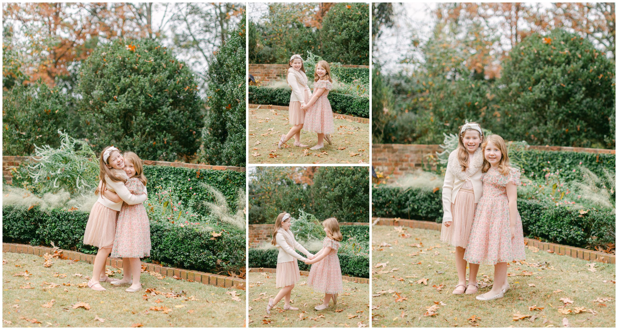 Two sisters hugging, holding hands and smiling together among autumn leaves and manicured gardens in Athens, Georgia.