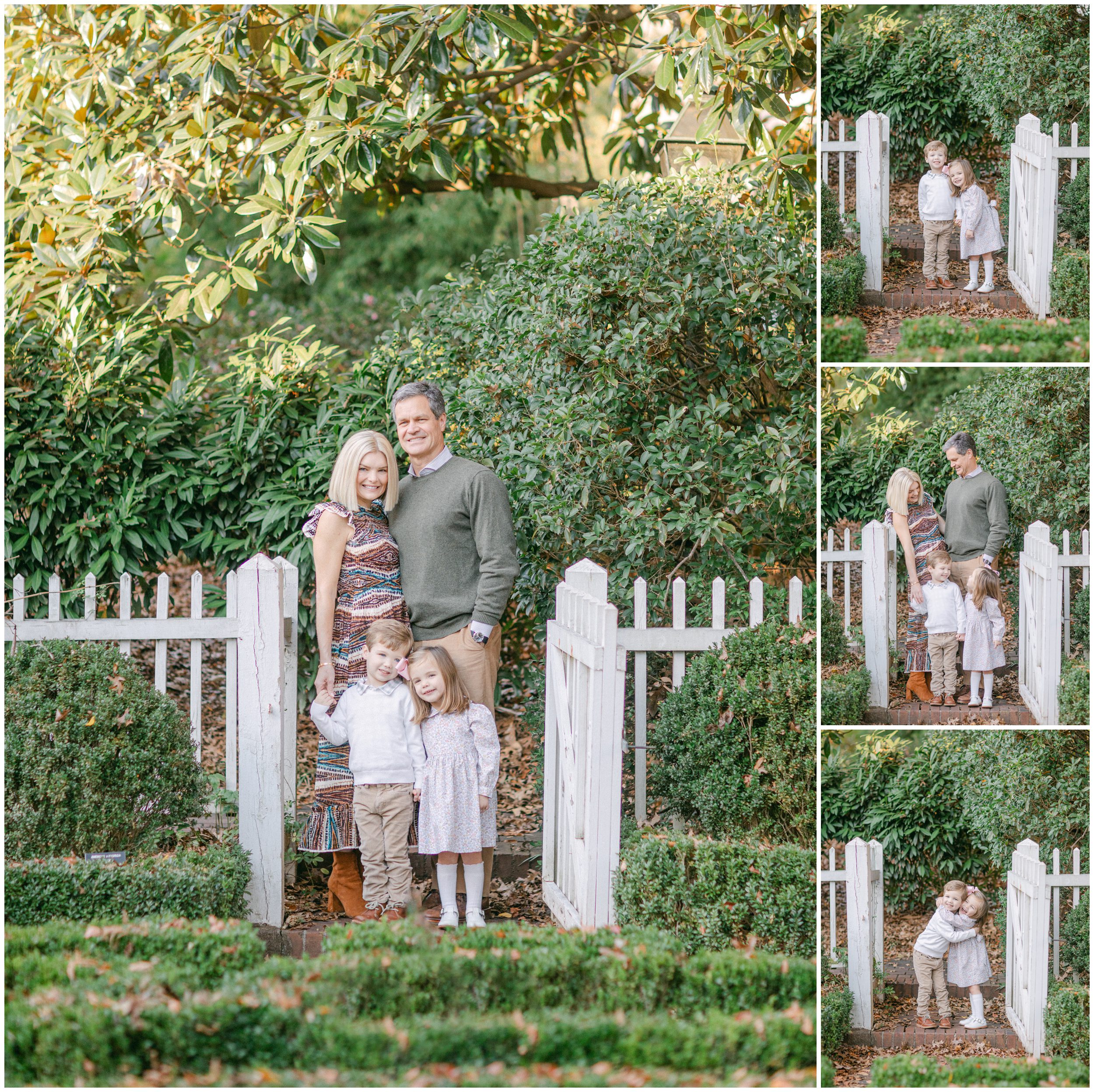 Fall family photographer Athens GA captures parents and two young children at a white garden gate in Founders Garden.